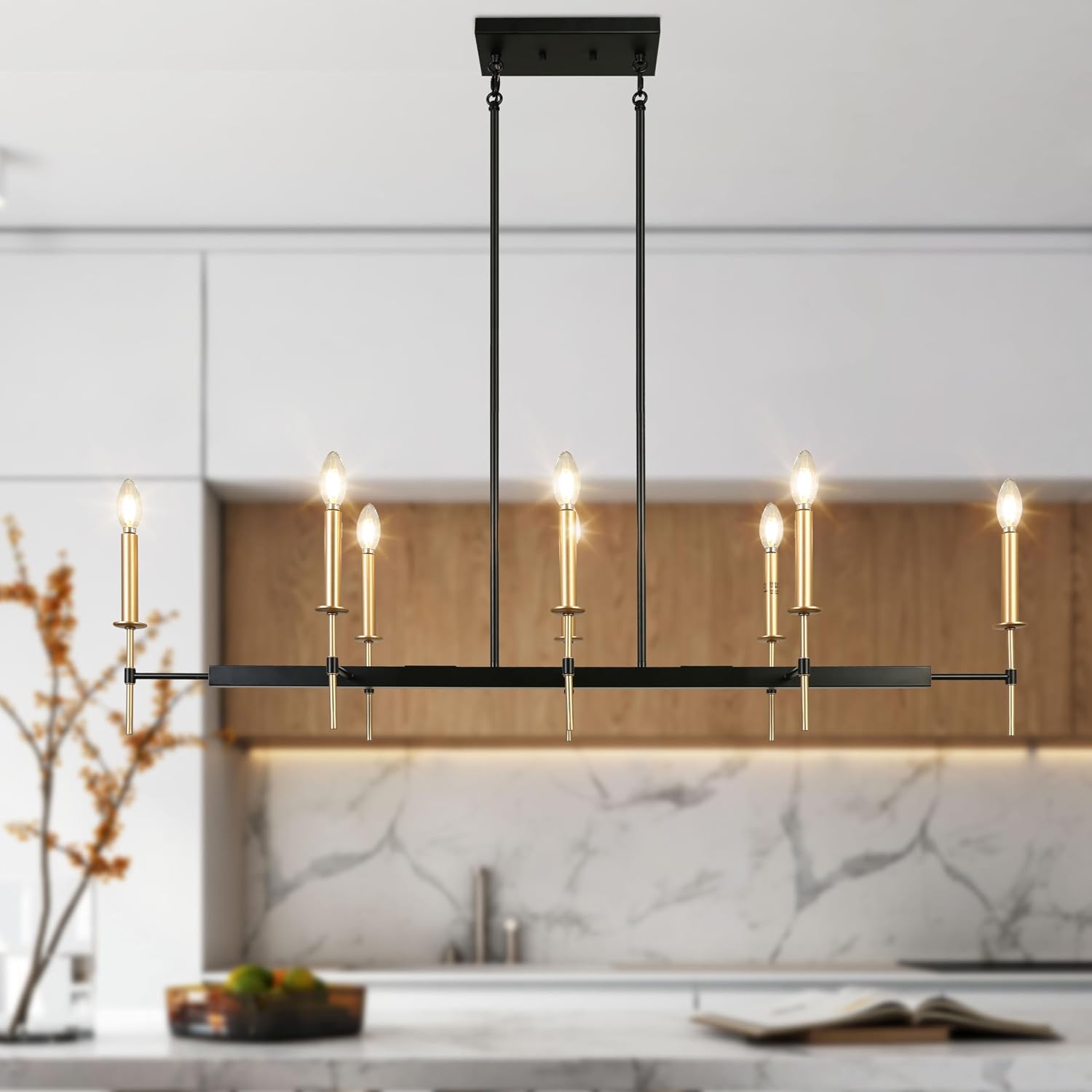 KSANA Black and Gold Chandelier, Modern Linear Dining Room Chandelier Light Fixture, Large 48.5” 8-Light Kitchen Island Lighting for Living Room