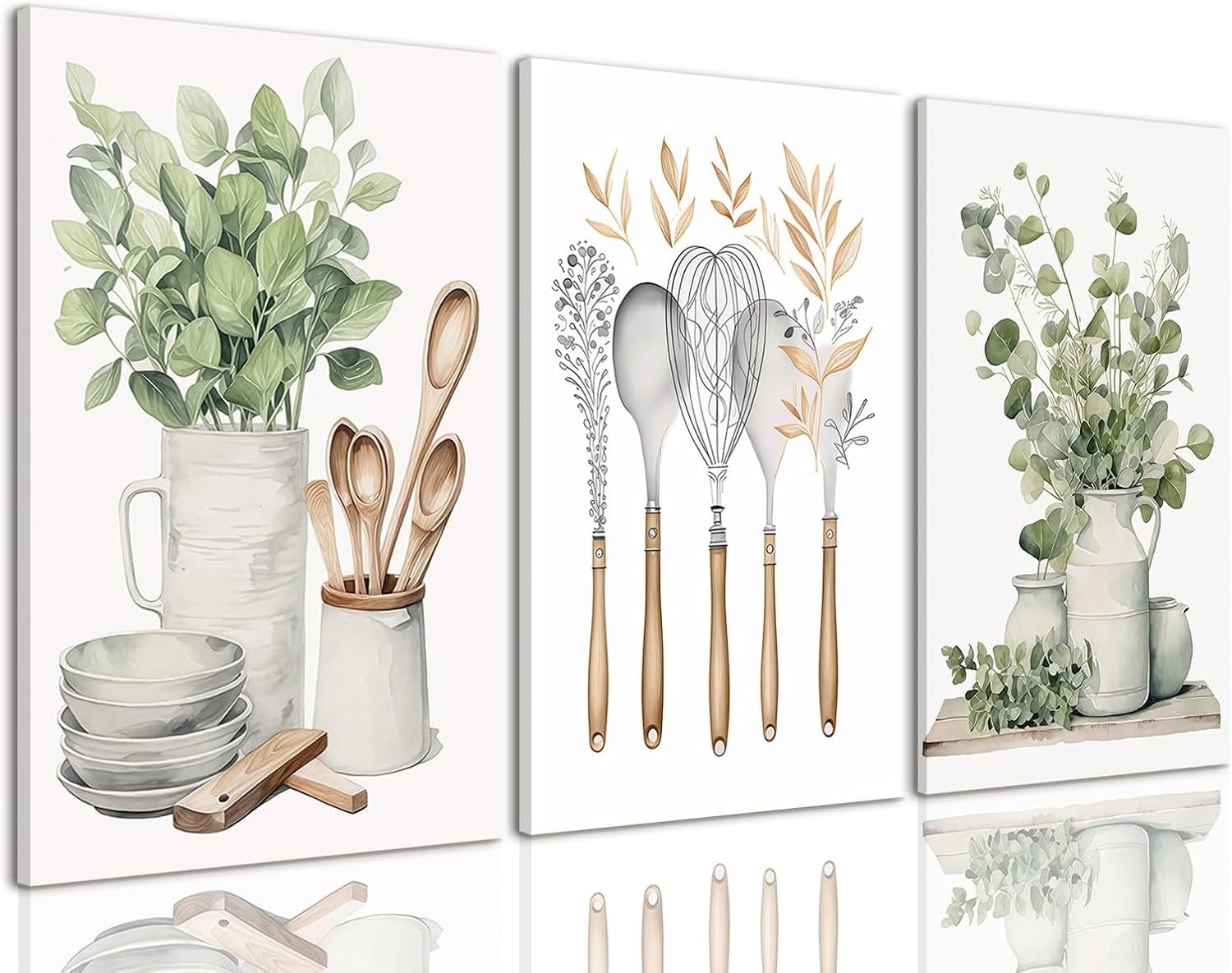 AOYUSMO 3 Piece Kitchen Wall Decor Sage Green Botanical Prints 12″x16″ | Canvas Wall Art Farmhouse Pictures Eucalyptus Artwork for Kitchen Dining Room