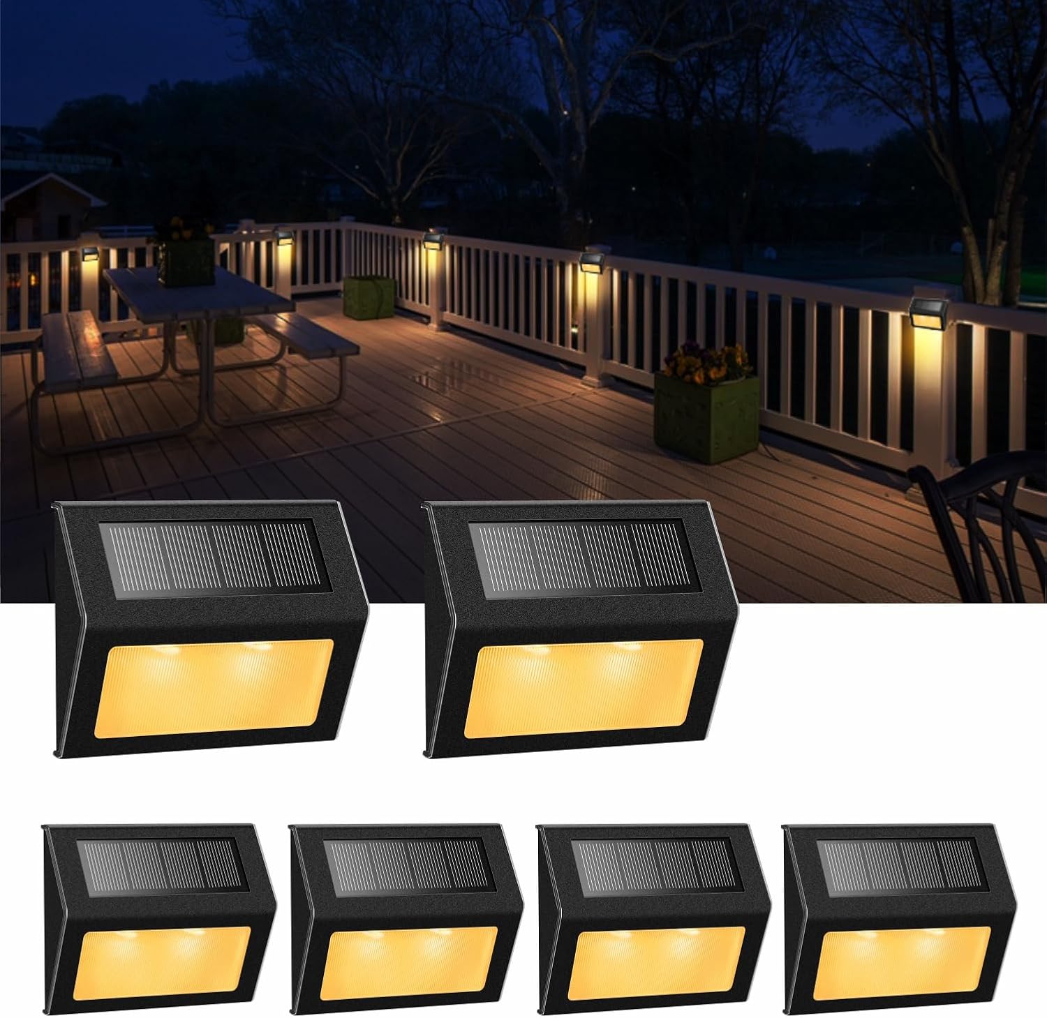 XLUX Solar Lights for Steps Decks Pathway Yard Stairs Fences, LED lamp, Rainproof, Black Metal Housing, 6 Pack | Soft warm non-glare LED lamp, sturdy stainless steel casing with black coating, for deck, step, fence, pathway, Rainproof