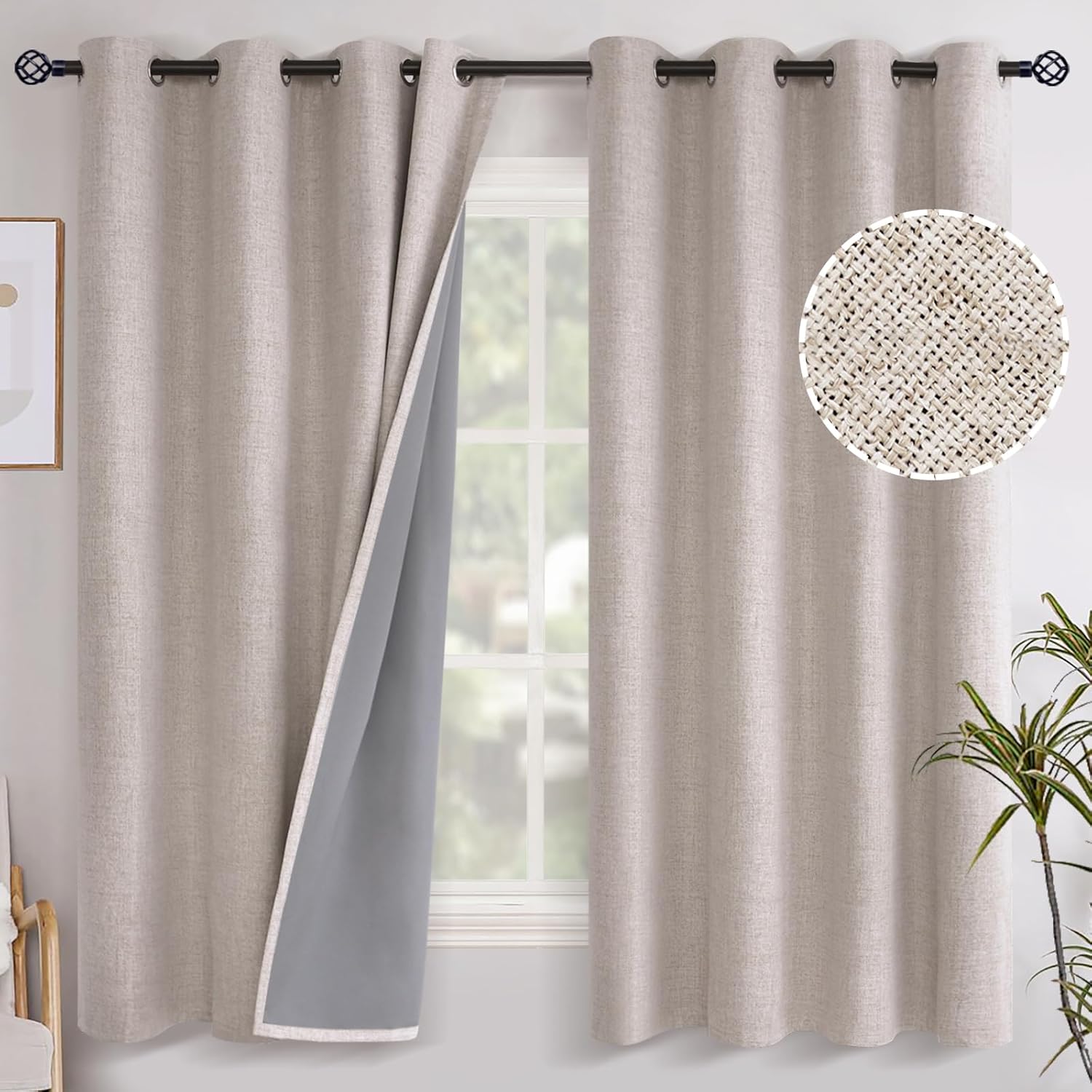 YoungsTex Linen Blackout Curtains 63 Inch Length Bedroom Beige Darkening | Black Out Window Drapes with Grommet Thermal Insulated for Living Room, 2 Panels, 52 X 63 Inch