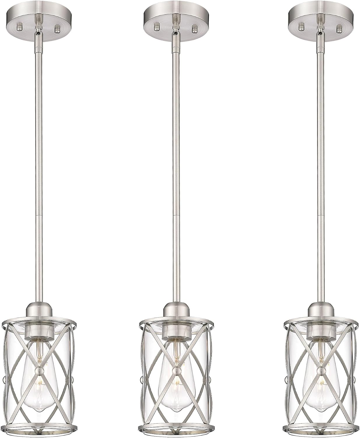 Brushed Nickel Pendant Lights Kitchen Island 3 Pack, Glass Kitchen Pendant Lighting Over Island with Rod, Modern Mini Hanging Light for Kitchen Sink Dining Room, CH9176BN-3PK