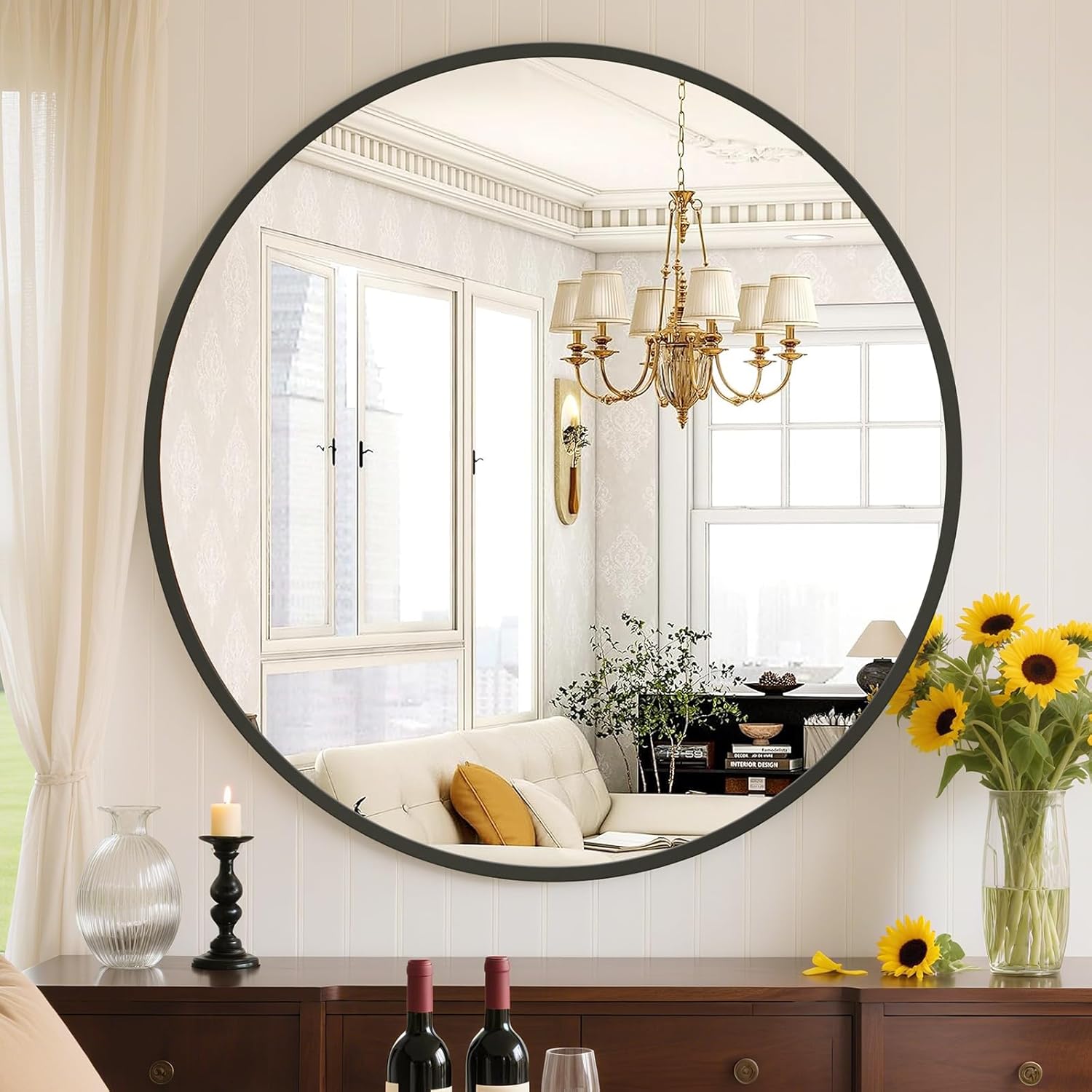 Sweetcrispy 24 Inch Round Wall Mirror with Tempered Glass, Bathroom Mirror Over Sink, Anti-Fog & Waterproof Round Mirrors for Bathroom, Entryway, Bedroom, Shatterproof Design, Black