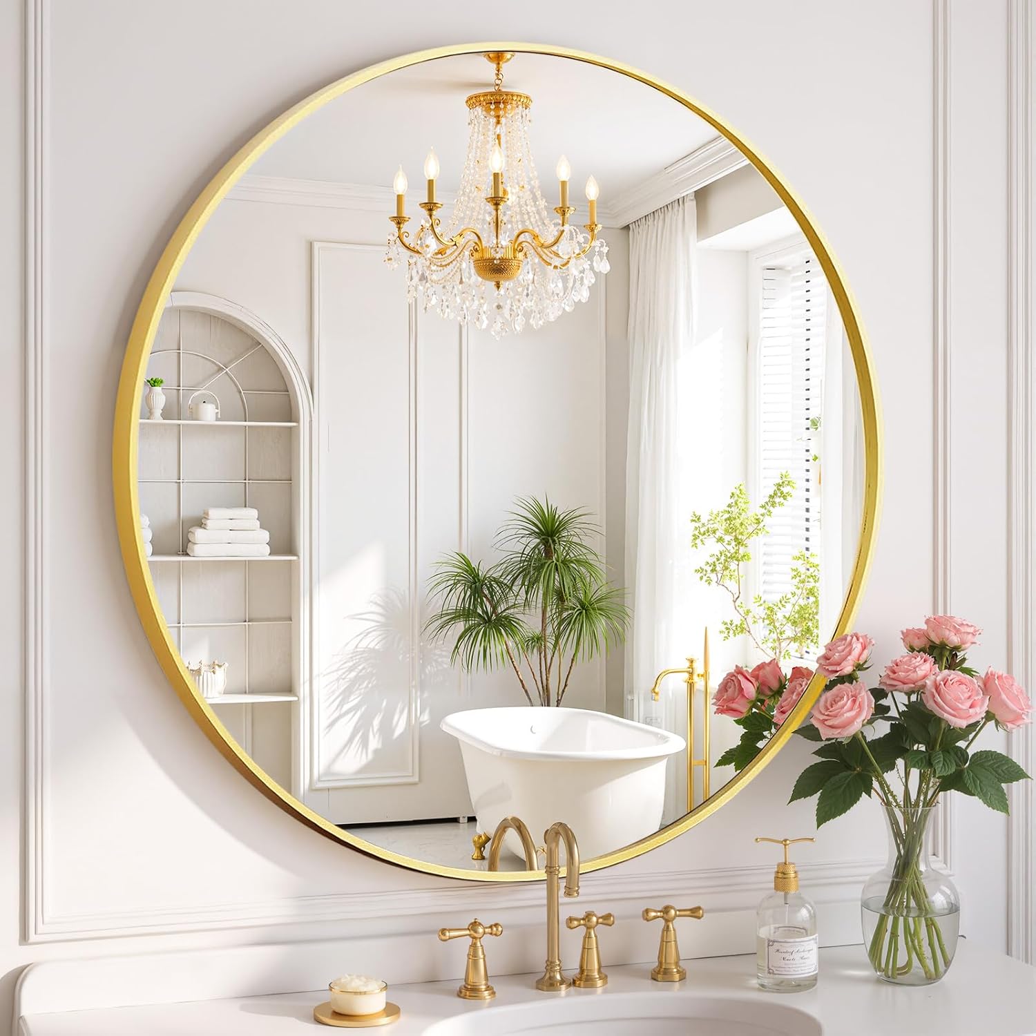 Round Wall Mirror 30 Inch Gold Vanity Mirror with Metal Frame | Modern Circle Wall Mounted Decorative Mirrors for Bathroom, Entryway, Bedroom, Living Room