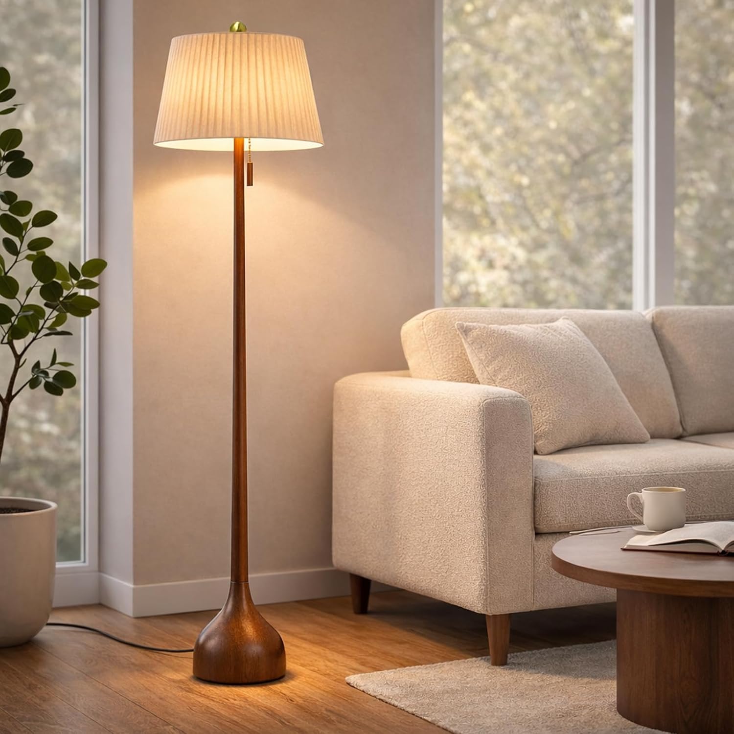MOFFE 65″ Mid Century Modern Vintage Real Wood Floor Lamp with 2 Shades for Two Looks,Sculptural Standing Lamp with Teardrop Base & Wooden Pull Chain for Living Room Bedroom Sofa Side (Bulb Included) | 65″ Tall,Sculptural Teardrop Base,Wooden Pull Chain,Vintage Standing Lamp,Linen Shades,Living Room,Bedroom, Bulb Included