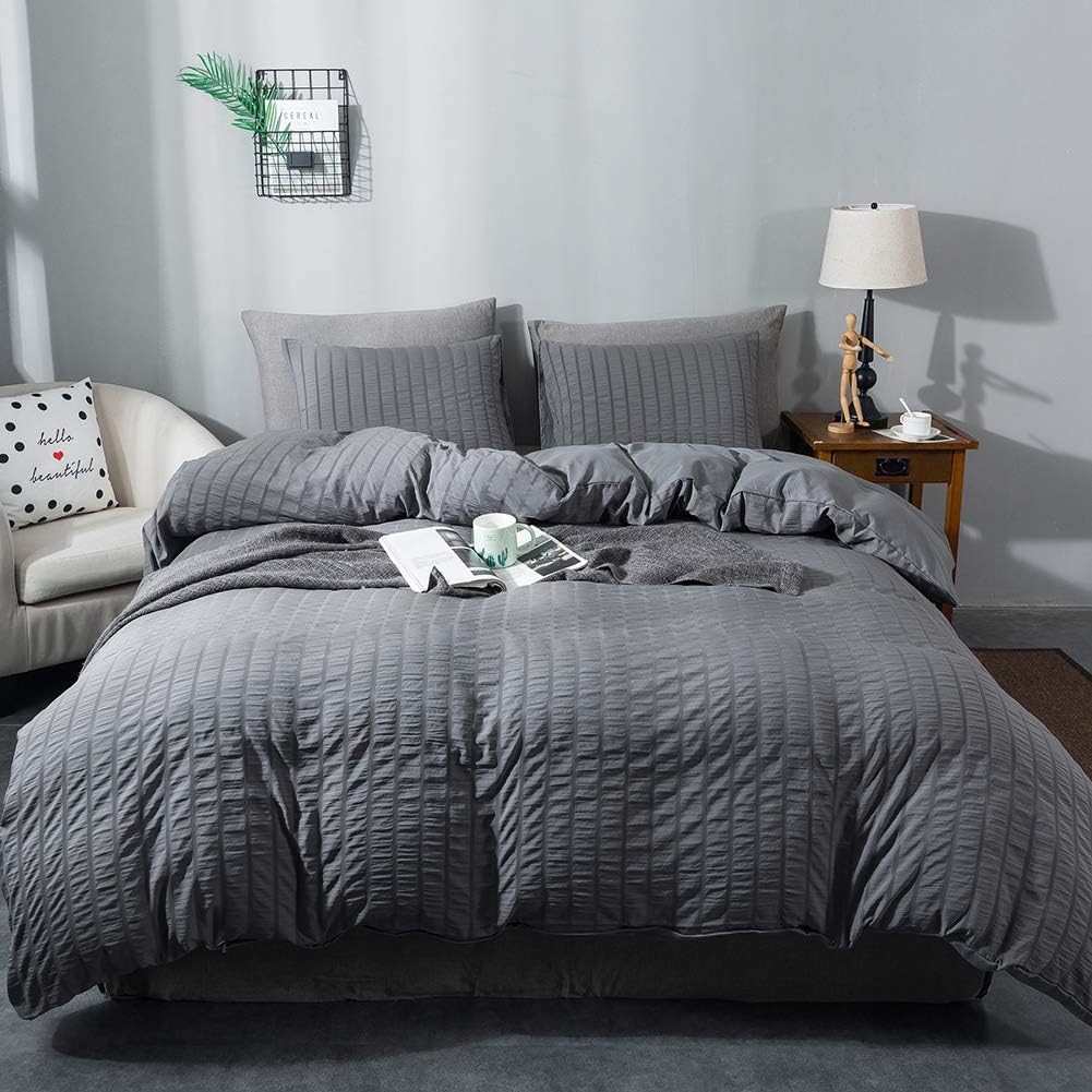 AveLom Gray Duvet Cover King Size, Textured Seersucker Duvet Cover Set, Soft Washed Microfiber with Zipper Closure and Corner Ties, 3 Pieces, 104″ x 90″ Duvet Cover & 2 Pillowcases