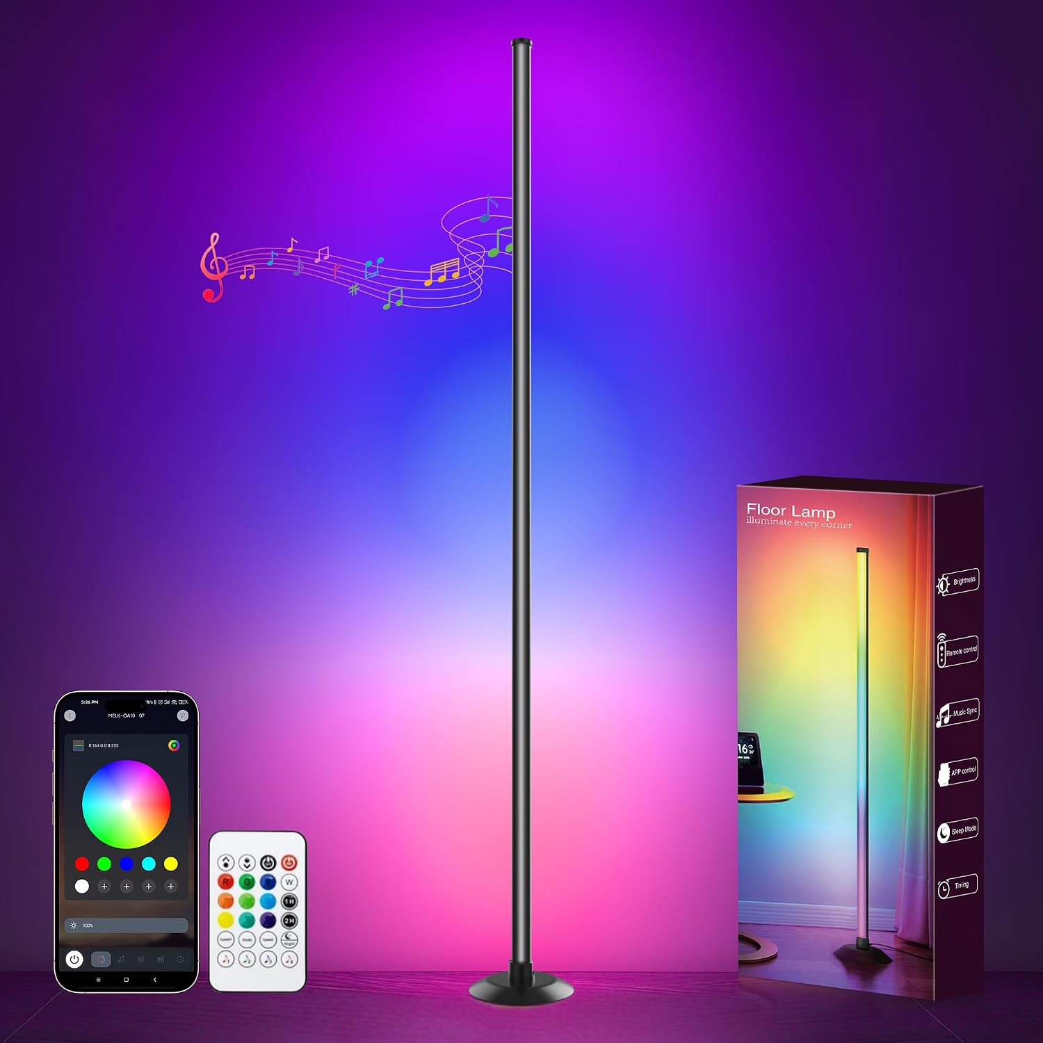 NBBUFF Led Corner Floor Lamp USB Powered with App & Remote Control, Color Changing Led Lamp Music Sync IC+RGBW, Timer, 64+ Music Modes, Standing Lamps for Living Room Lamp Bedroom Gaming Room, 1 Pack
