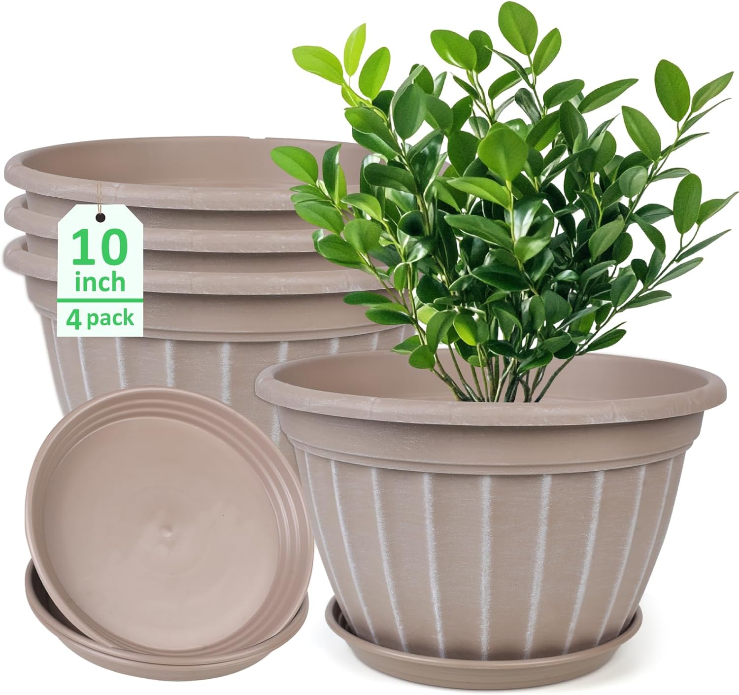 10 Inch Plant Pots,4 Pack Flower Pot,Planters Pot with Drainage Hole | Modern Planters for Outdoor Plants with Saucer,Decorative Resin Garden Pots for Outdoor Indoor Home Plants (Beige)