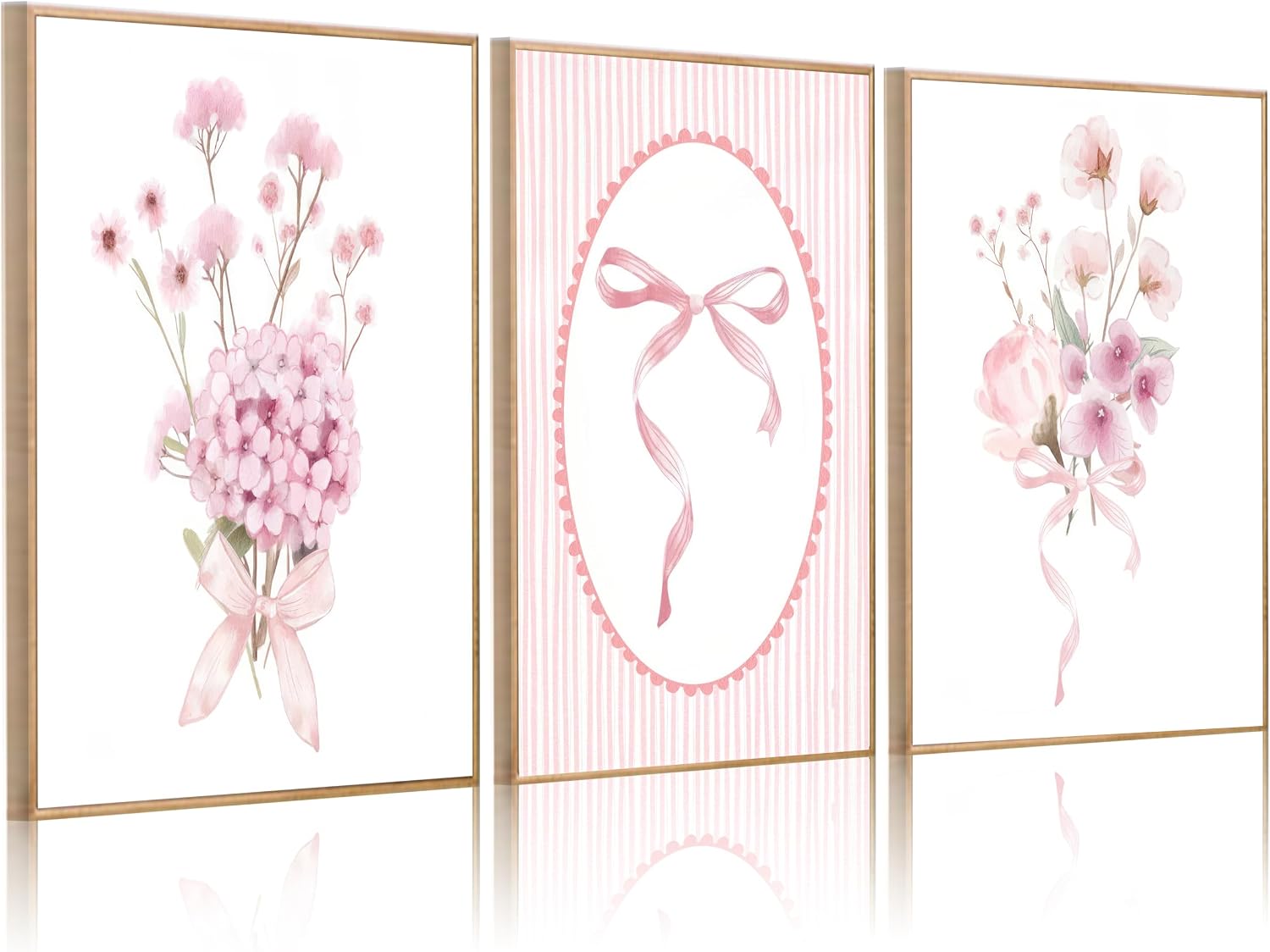 3Pcs Pink Nursery Flower Wall Art Floral Bow Wall Decor Cute Botanical Flower Pictures Coquette Aesthetic Poster Prints Girly Preppy Painting for Girls Bedroom Dorm Apartment Home 12×16 Unframed