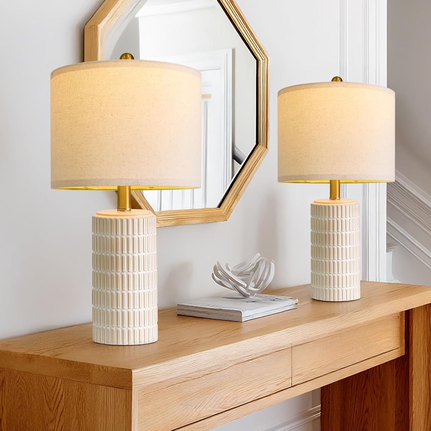 PoKat 20.75″ Small Modern Ceramic Table Lamps Set of 2 for Bedroom, White Bedside Lamps for Night Stands, Farmhouse Desk Home Decor Gift Nightstand Table Lamps for Living Room End Table Beige
