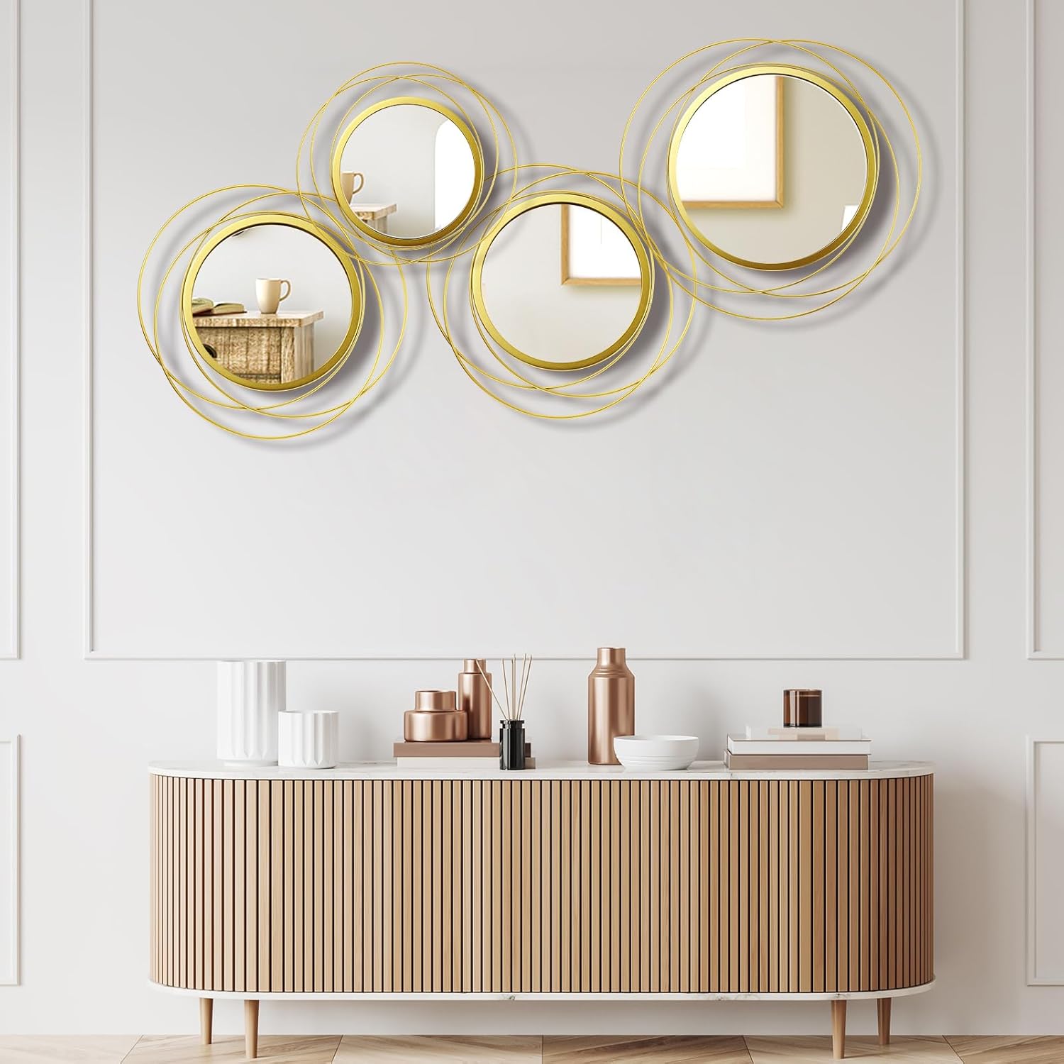 Hicarer 4 Pcs Decorative Wall Mirror Round Modern Circle Mounted Mirror Metal Wall Art Decor for Bedroom Living Room Entryway Dining Room Hallway(Gold)