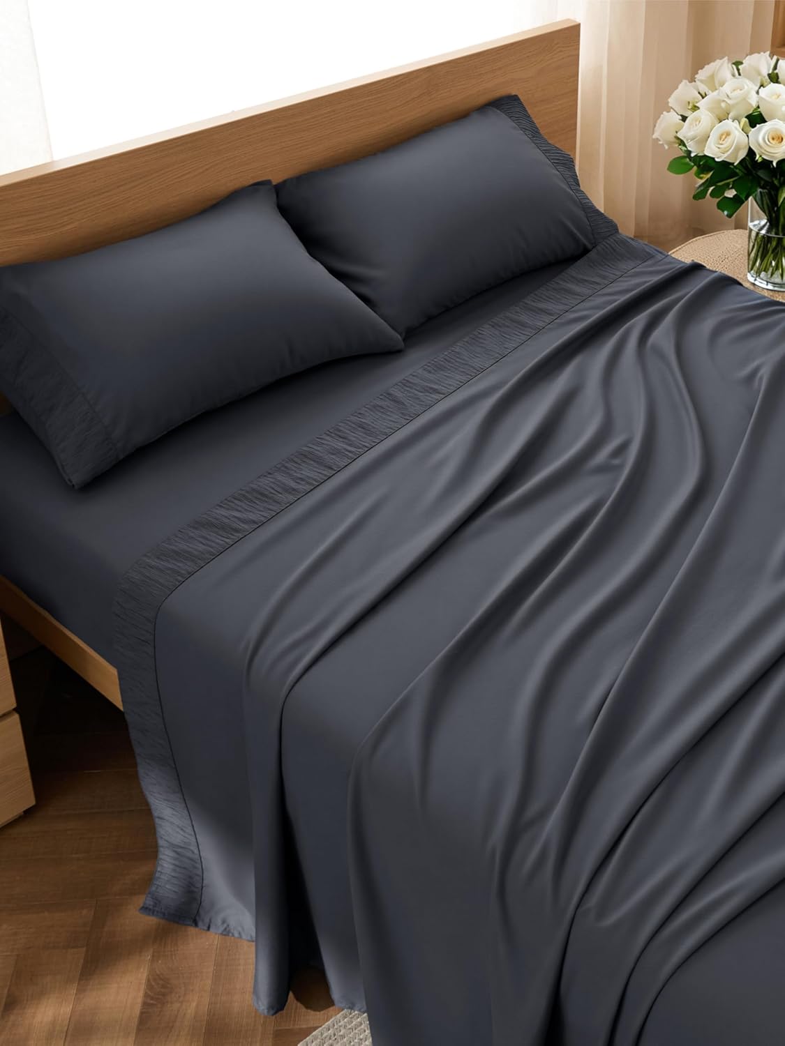 Bedsure Queen Sheet Set – 4 Pieces Soft, Breathable, Cooling Bed Sheets | Hotel Luxury Bedding, Oeko-Tex , Easy Care, Deep Pocket, Fade Resistant, Shrink Resistant, Sturdiness, Emboss Design