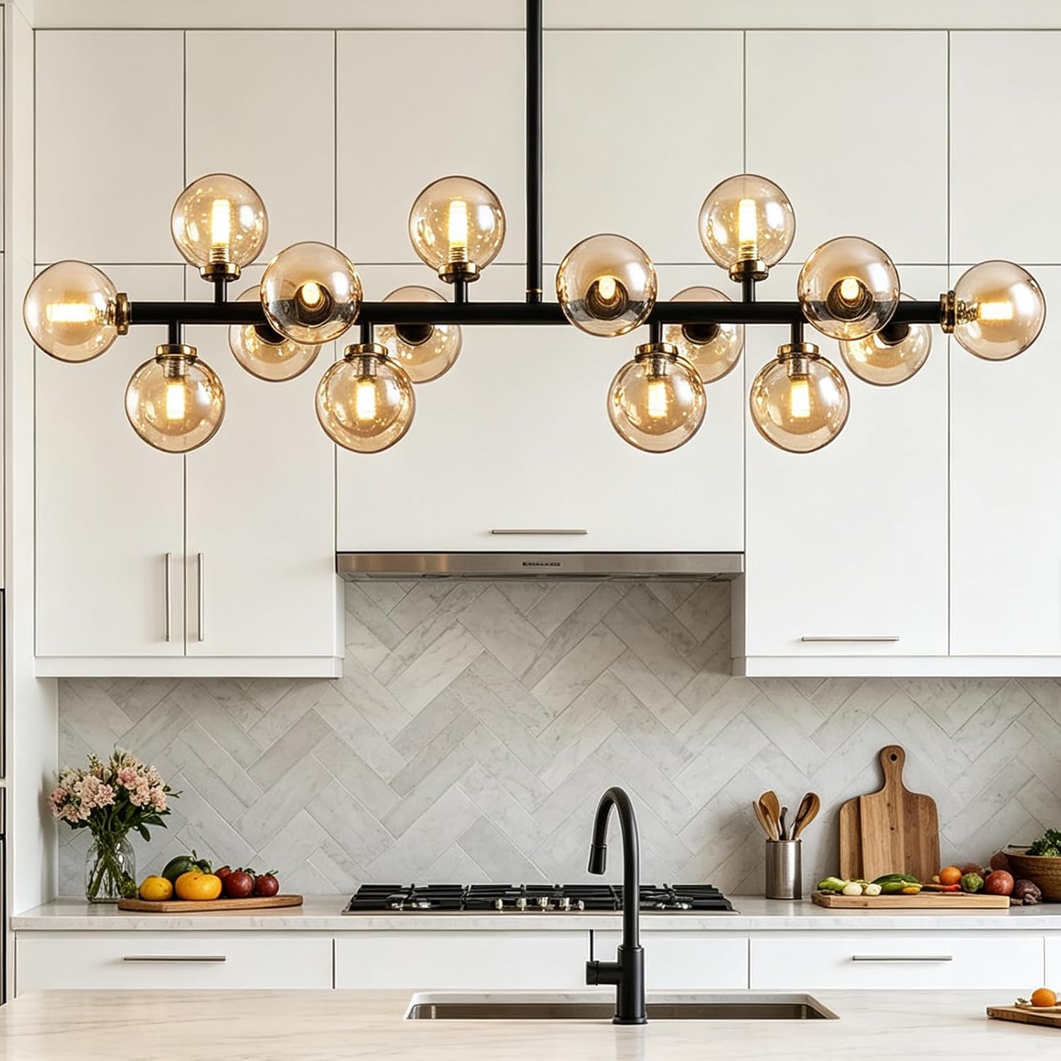Mid Century Modern Chandeliers for Dining Room, 39″ Linear Pendant Light Fixtures with Amber Glass Globe, 16-Light Sputnik Hanging Light for Living Room Kitchen Island