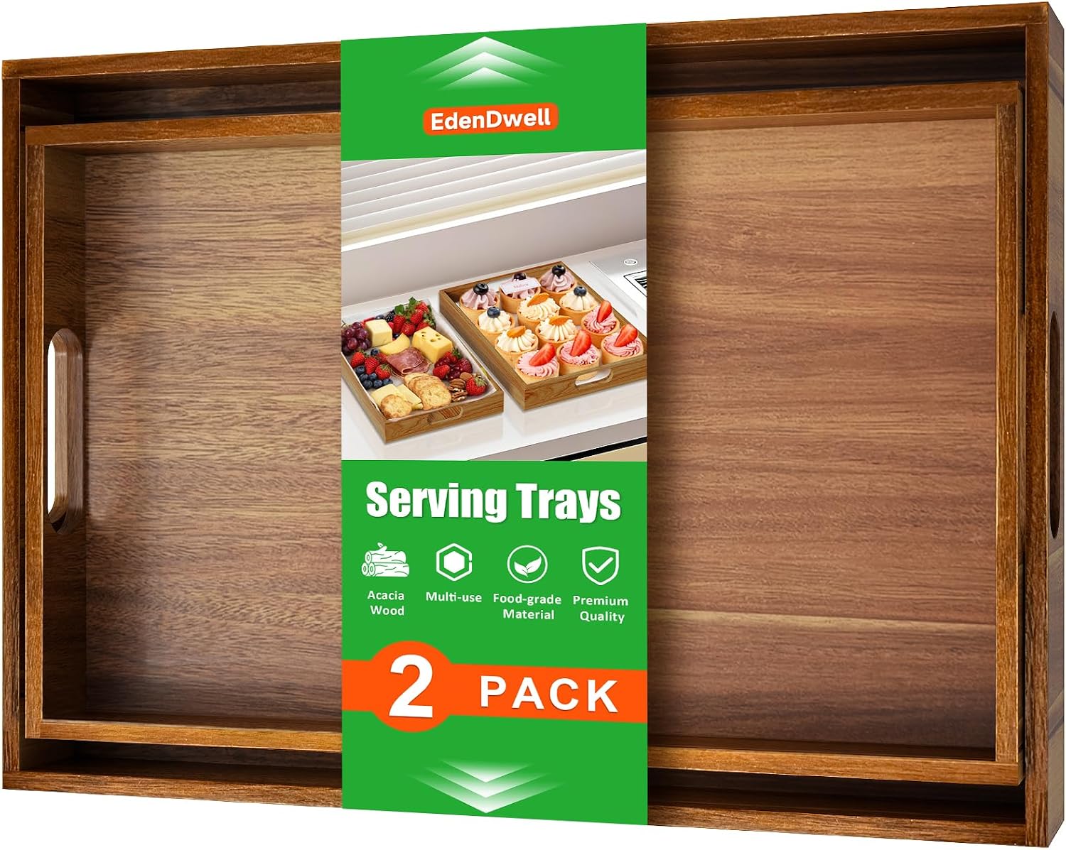 Acacia Serving Trays – 2 Pack | Acacia Wood Serving Platterss, Wood Serving Tray, Decorative Trays for Breakfast, Brunch, Dinner, Coffee Table