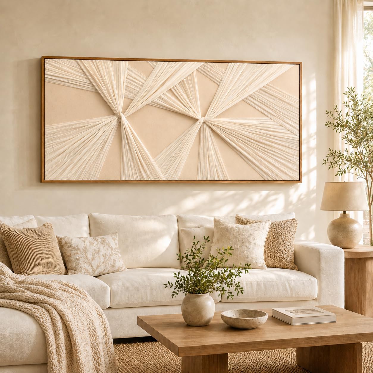 Artists’ Handicraft, Extra Large Luxury 3D Fabric Neutral Textured Wall Art, Minimalist Abstract Boho Modern Long Beige Painting Wall Decor for Living Room Bedroom Hallway Office, Horizontal, 54×27 Inces