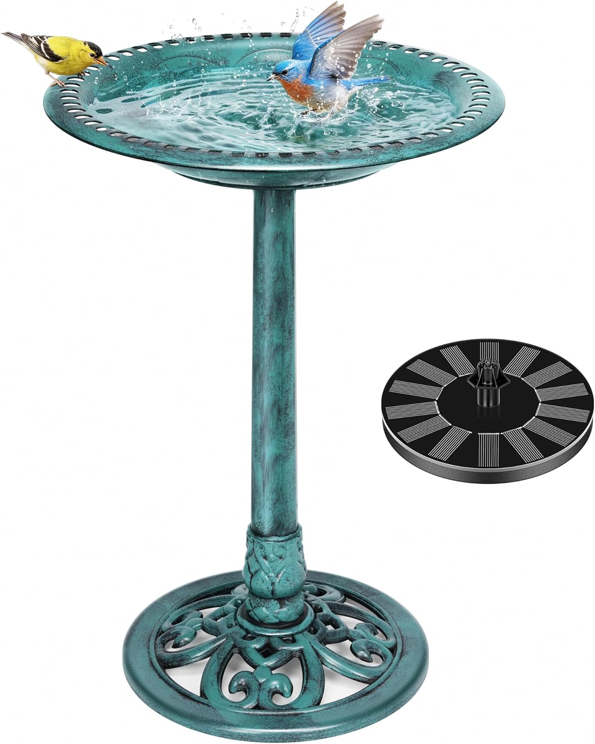 VIVOHOME Bird Bath with Solar Fountain for Outside, Pedestal, Green | Solar-Powered Pump, Weather-Resistant Polyresin, 20-Inch Bowl, for Outdoor/Garden, Bird-Friendly, Easy to Clean