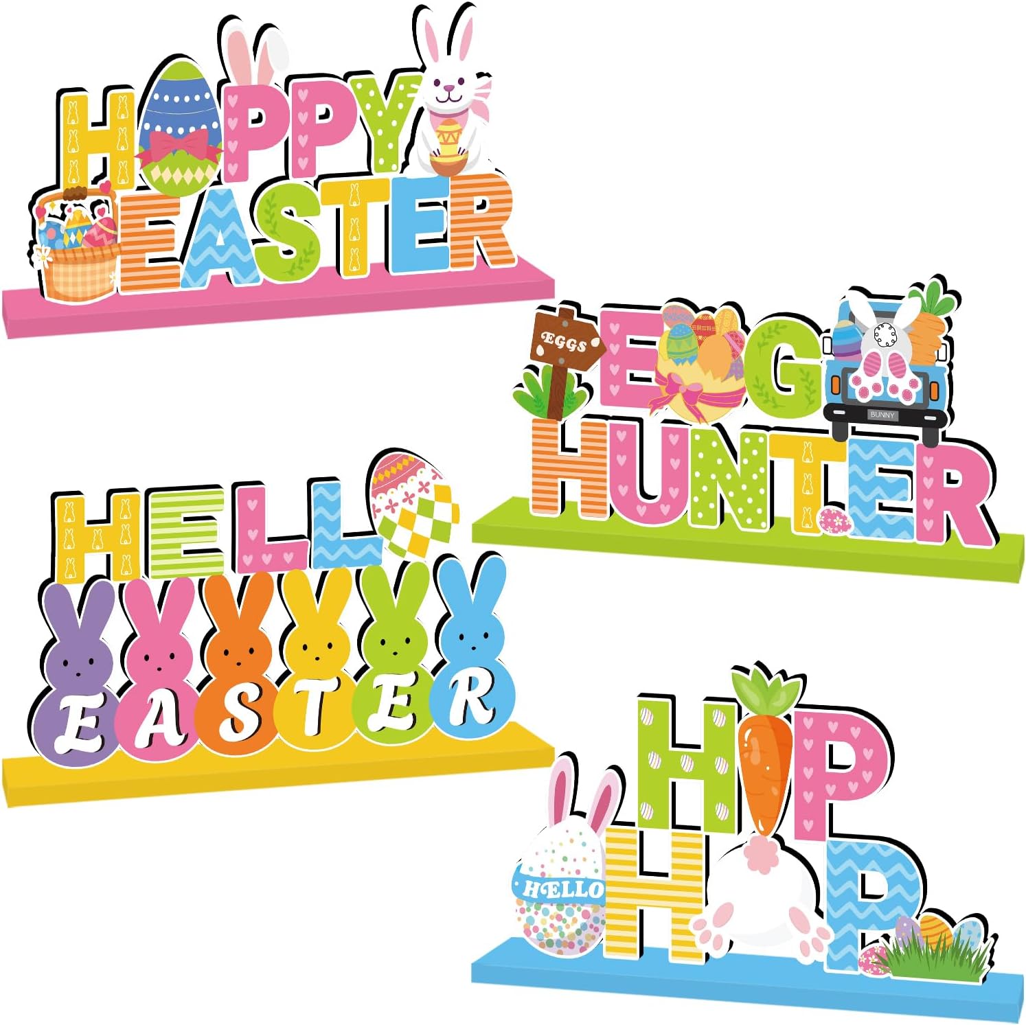 4Pcs Easter Decorations Wooden Table Centerpiece Happy Easter Table Decorations Bunny Colorful Egg Carrot Truck Tabletop Tiered Tray Decor for Home Office Party Decor Supplies