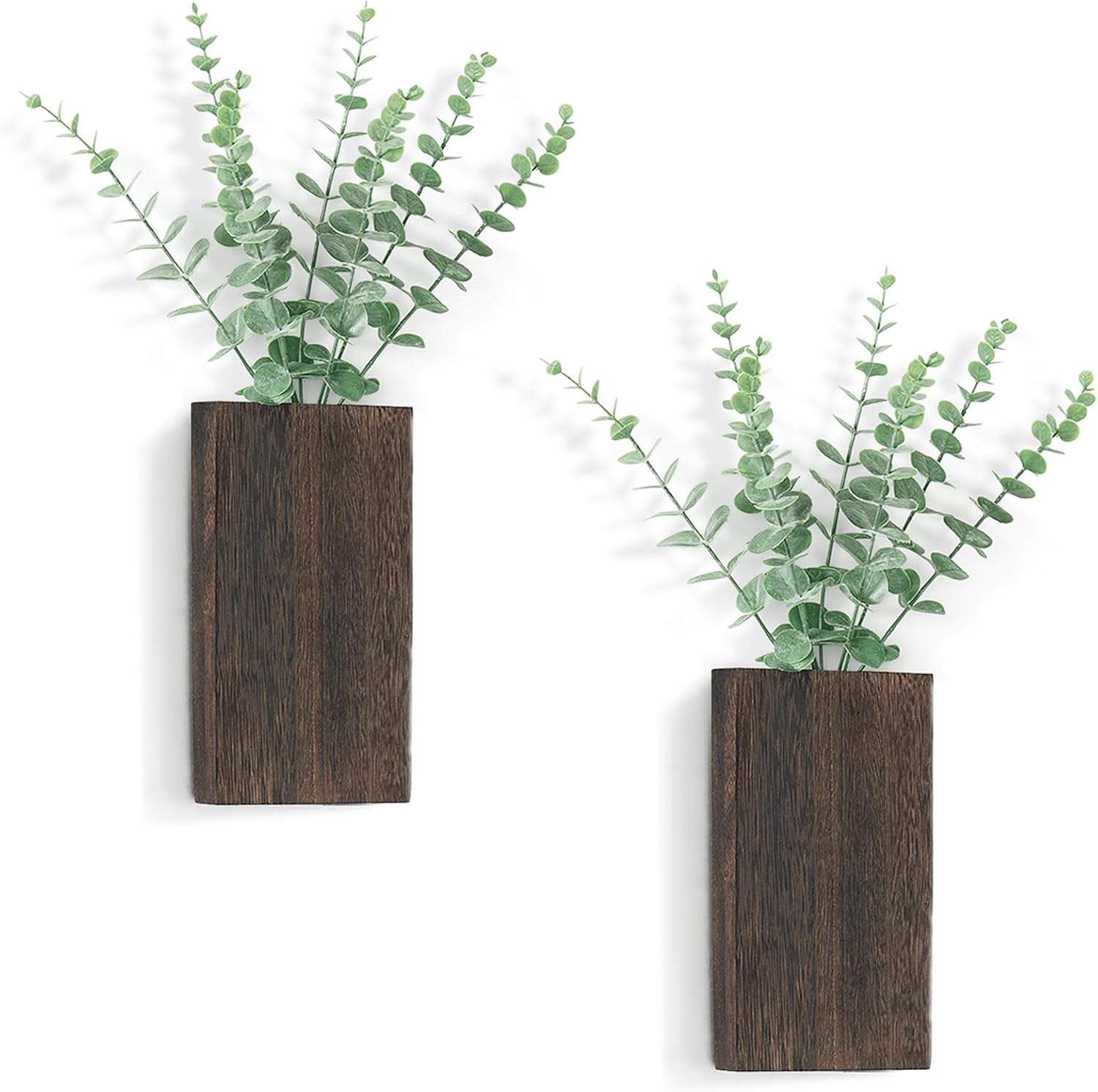 Dahey 2 Pack Wood Wall Planter Vase with Artificial Eucalyptus Farmhouse Wall Hanging Decor Pocket Planter for Indoor Fake Plants Greenery, Living Room Bedroom Kitchen Home Office Decoration