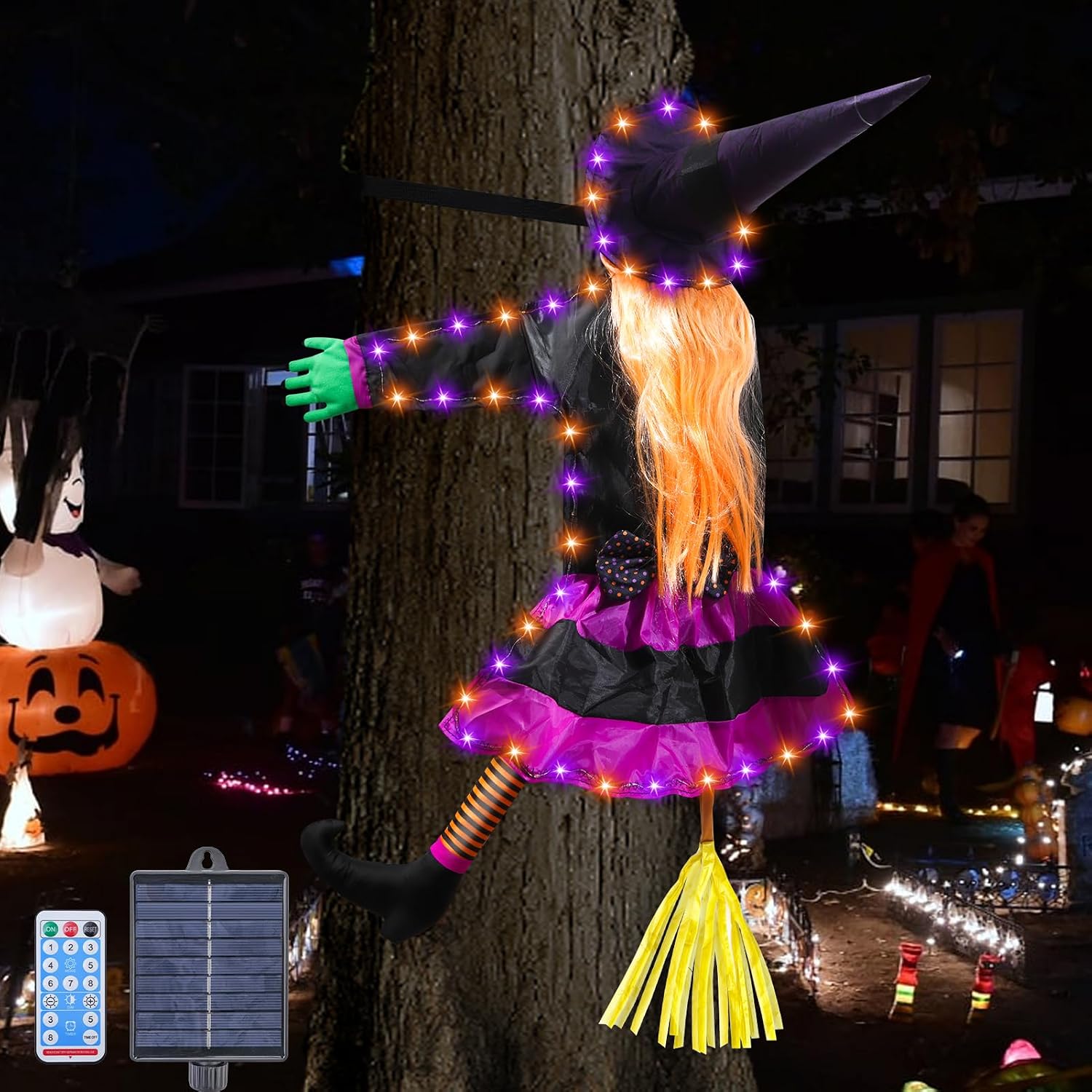 Halloween Decorations, Solar Witch Large Crashing Witch into Tree Outdoor Decor, Lighted Flying Witch for Tree, Yard, Patio, Porch Outdoor Decoration (Orange Purple)