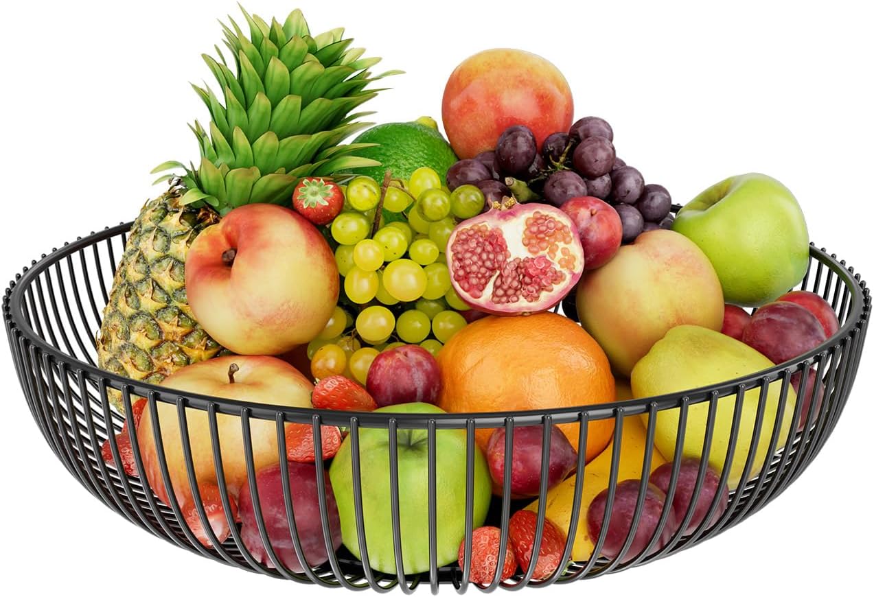Simple Trending Round Metal Fruit Basket Bowl for Kitchen Counter – Rust-Proof, Non-Slip & Breathable Wire Organizer for Fruits, Veggies, Snacks, Black (11“ Diameter x 3.2” H)