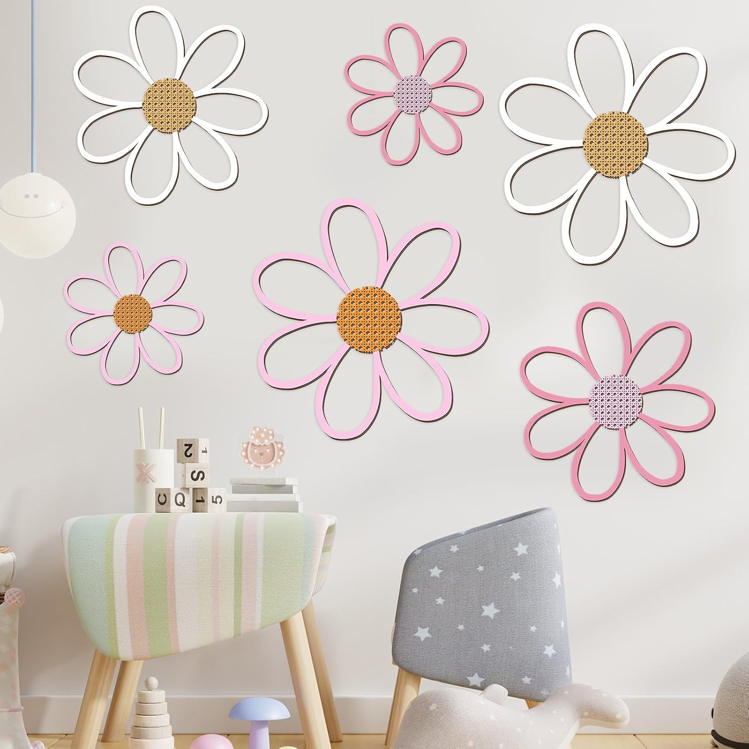 Thyle 6 Pcs Daisy Wall Decor Wooden Daisy Wall Sculptures Art Flowers Signs Hanging Plaque for Home Nursery Bedroom Farmhouse Bathroom Decorations Housewarming Gifts(Pastel Color)