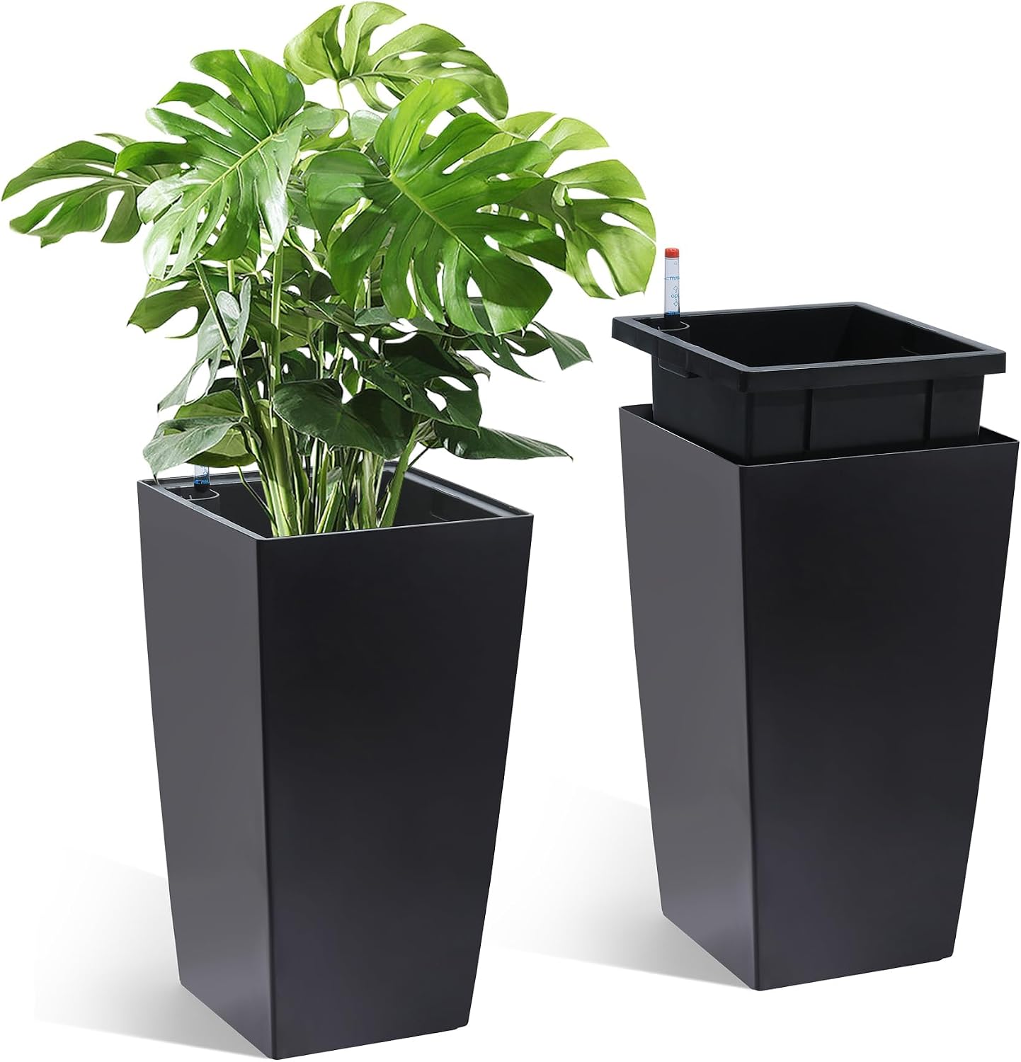 Garvee 16″ Tall Planters Set of 2, Outdoor＆Indoor Planter Pots, Black | High Front Porch Planter Pots with Drainage Holes＆Water Level Monitor＆Inner Bucket
