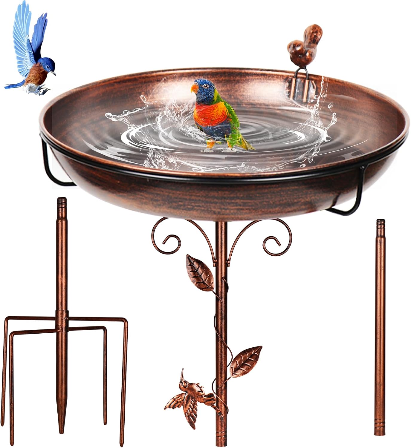 Bird Bath for Outside, Bronze, 12 Inch Freestanding Garden Birdbath | Metal bird bath with floral scroll 5-Pronged Base Deep large bowl for birds drinking & bathing Yard patio landscape decor