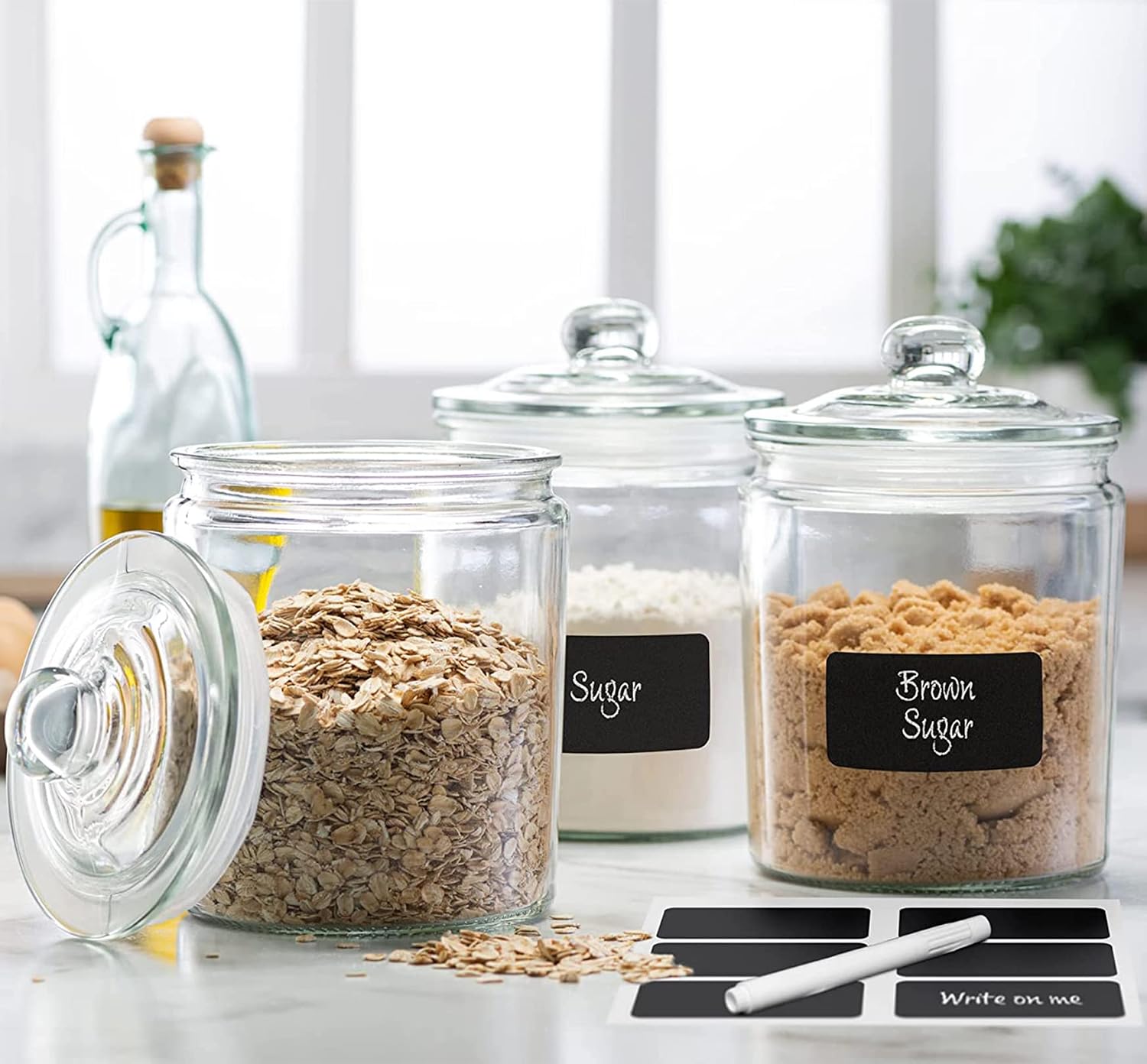 Le’raze 3pc Canister Sets for Kitchen Counter + Labels & Marker – Glass Cookie Jars with Airtight Lids – Food Storage Containers with Lids Airtight for Pantry – Flour, Sugar, Coffee, Christmas gift.
