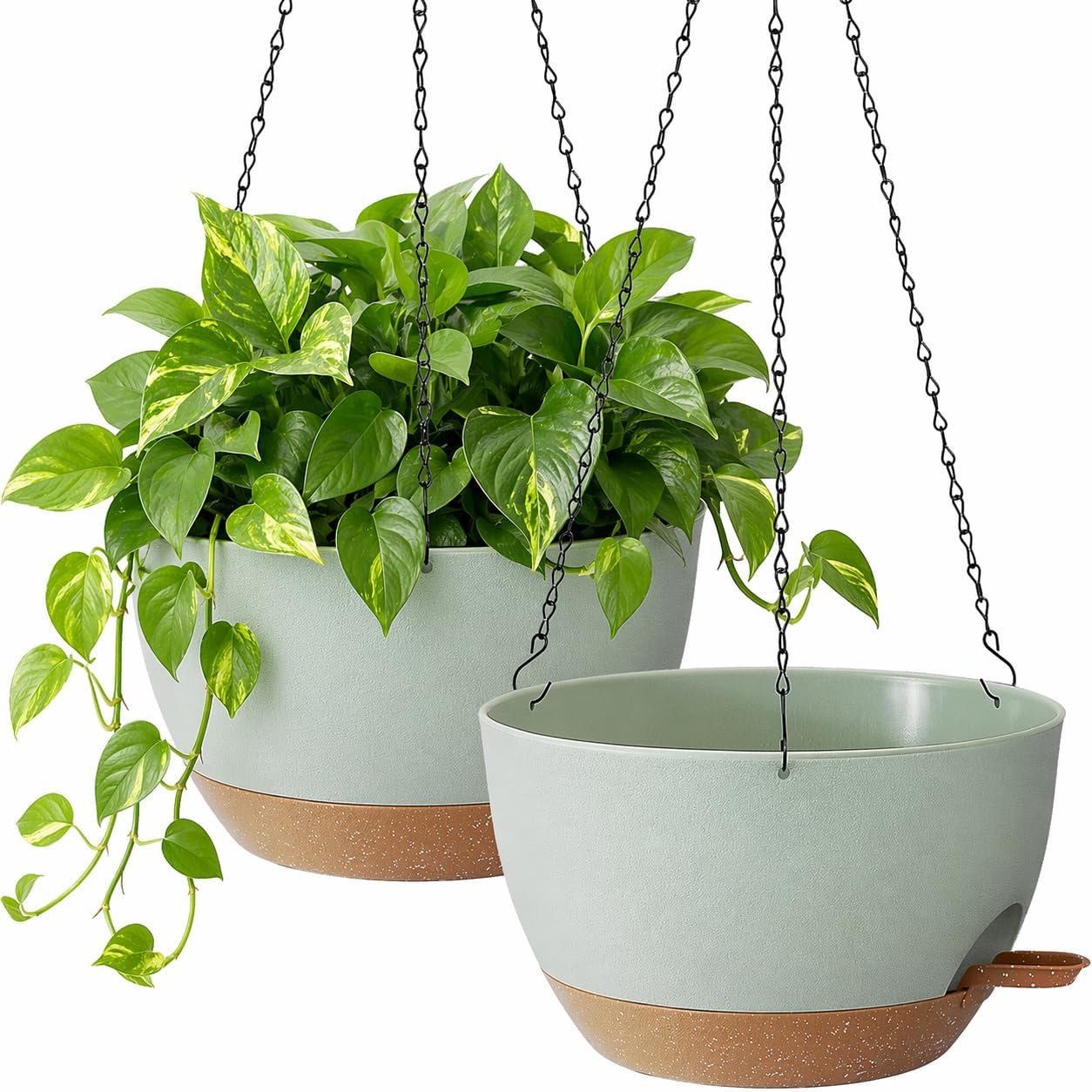 TYMENSH Hanging Plant Pots 12 Inch Set of 2, Self Watering Hanging Planters with Drainage Holes, Removable Saucer, Durable Plastic Flower Pots with Chains for Indoor Outdoor Plants, Green