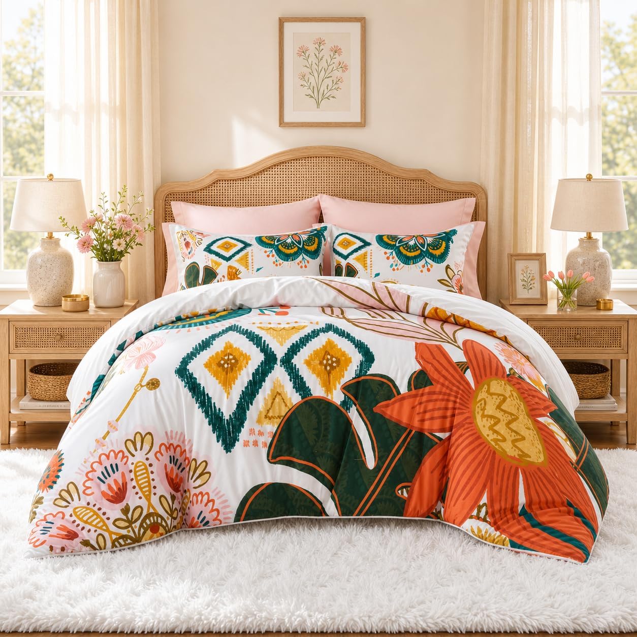 Tyrot Boho Floral Queen Comforter Set – 3 Piece Farmhouse Botanical Bedding Comforter Sets for All Season Soft Lightweight Mid Century Modern Bed Set, (1 Reversible Comforter and 2 Pillow Shams