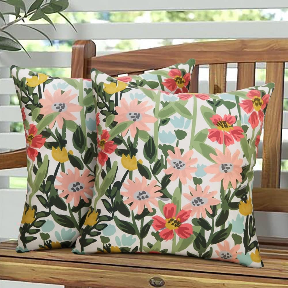 Pyonic Outdoor Pillows Covers Pack of 2 Spring Summer Floral Waterproof Throw Pillow Covers 18X18 inch Outdoor Pillows for Patio Furniture Garden Square Outside Waterproof Pillow