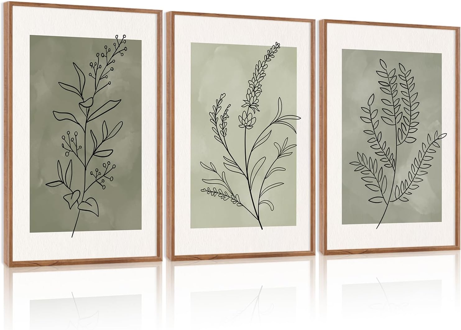 CHDITB Sage Green Framed Canvas Wall Art, Neutral Botanical Line Decor | Olive Tone Plant Poster, Modern Farmhouse Floral Decor, Boho Minimalist Nature Prints for Bedroom Office Decor 16″x24″X3