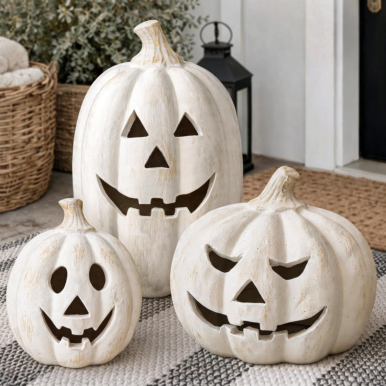 Fall Decor – White Handmade Terracotta Pumpkin Jack O’ Lantern Indoor | 7.5″H Artisan Finish Autumn Decoration, Halloween Decorations, Table Centerpieces, Porch Front Door Mantel Outdoor Decor