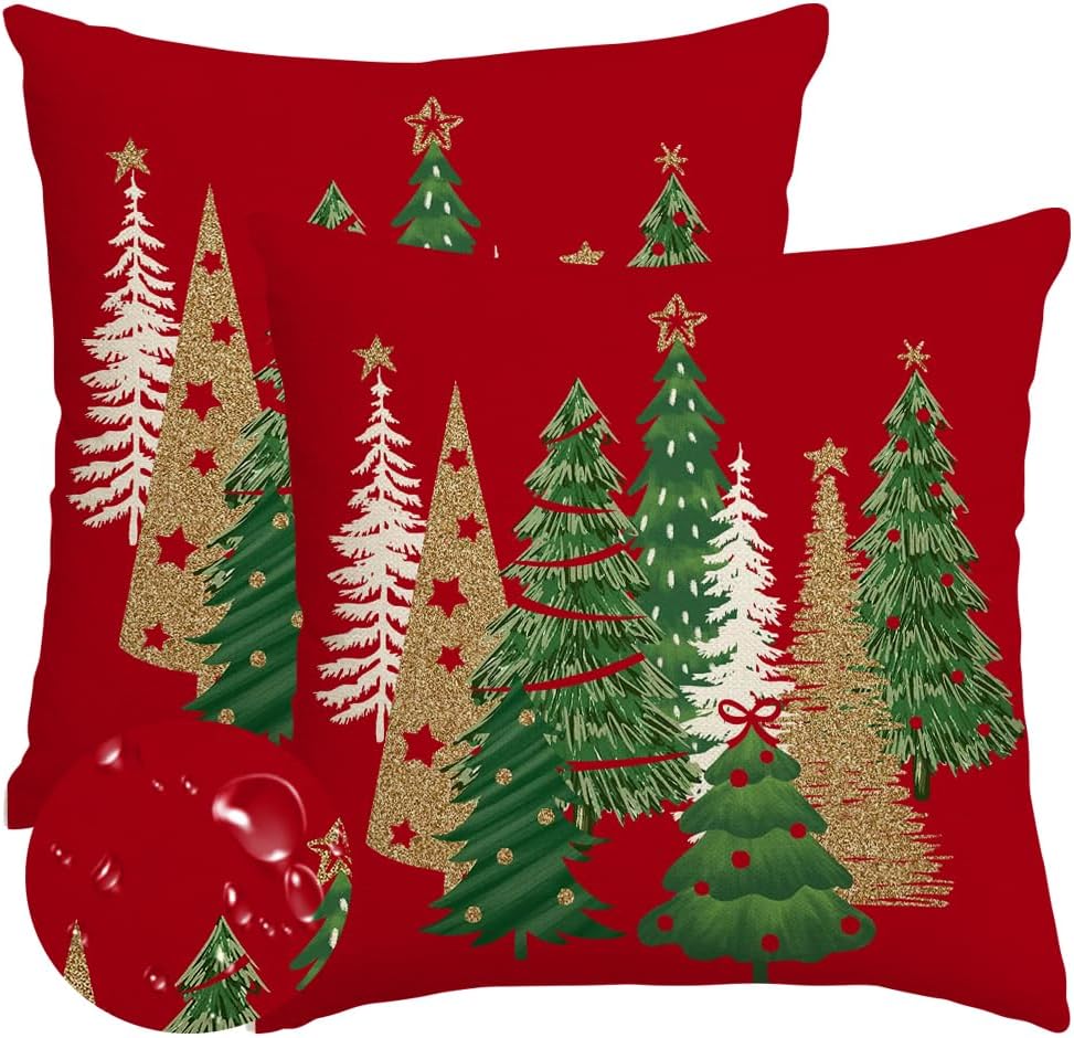 RABUSOFA Christmas Pillow Covers 18×18 Inch Outdoor Waterproof Tree Christmas Decorations Red Throw Pillow Cases Xmas Decor Winter Decorative Pillows for Couch Holiday Gold
