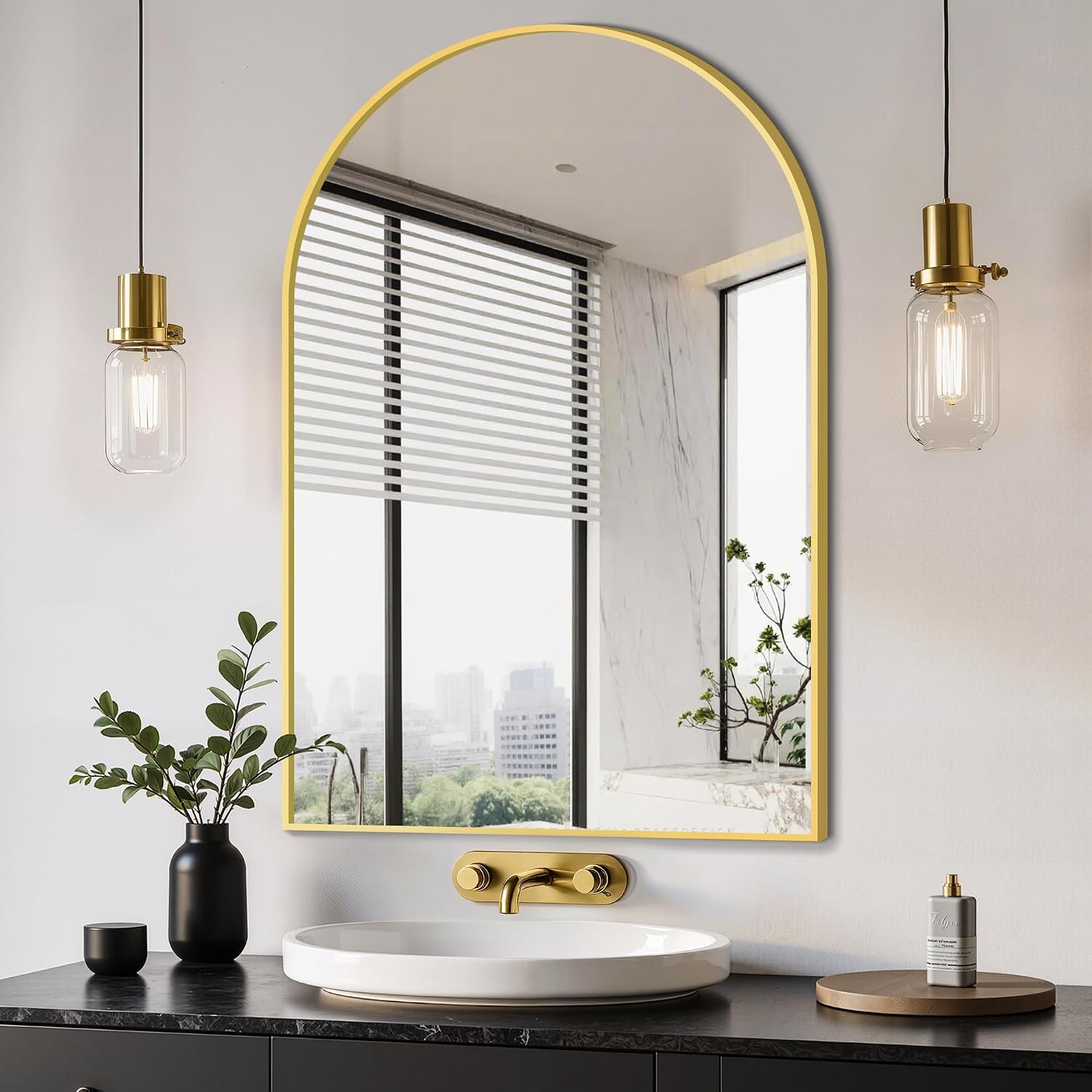 Arched Bathroom Mirror, 24″x36″, Gold | Wall Mounted, Vanity Mirror, For Bedroom, Living Room and Entryway