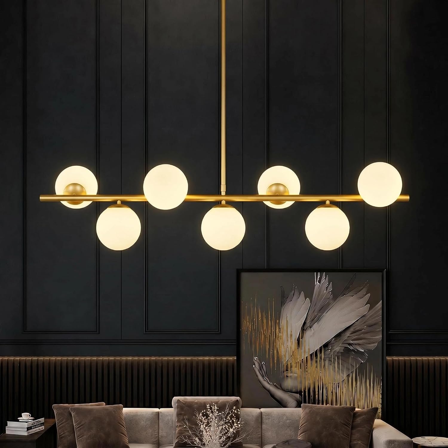 Globe Modern Sputnik Chandeliers for Dining Room Chandelier, 7-Light Dining Room Light Fixture Over Table, Mid Century Linear Chandelier Gold and Milk White Bubble, 43.3 Inch (Bulbs not Included)