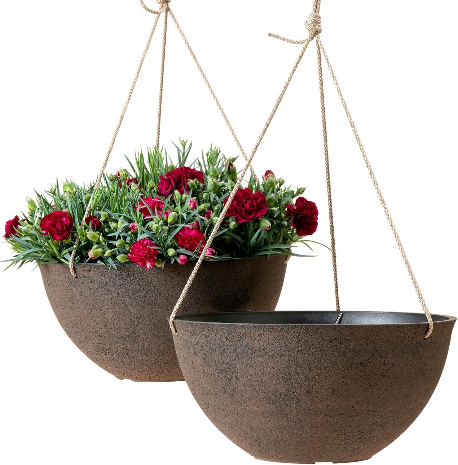 LA JOLIE MUSE Large Hanging Planters – 13 Inch Flower Pots Outdoor Indoor, Hanging Garden Planters Set of 2, New Iron Color | Large Hanging Baskets with Drainage Holes, Rust-finish Hanging Planters for Windows, Porches, Balconies, Gardens, Patios