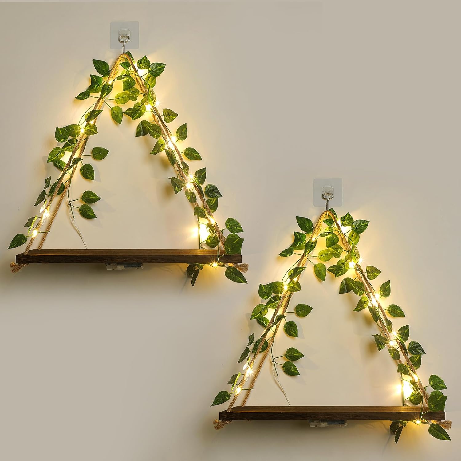 Floating Shelves for Wall,Hanging Shelves,Room Decor,Wall Decor,Boho Decor | Floating Shelves No Drill,Trinket Shelf,Cottage Core Wall Decor,2-Pack Shelf Set Includes Artificial Ivy & LED Lights