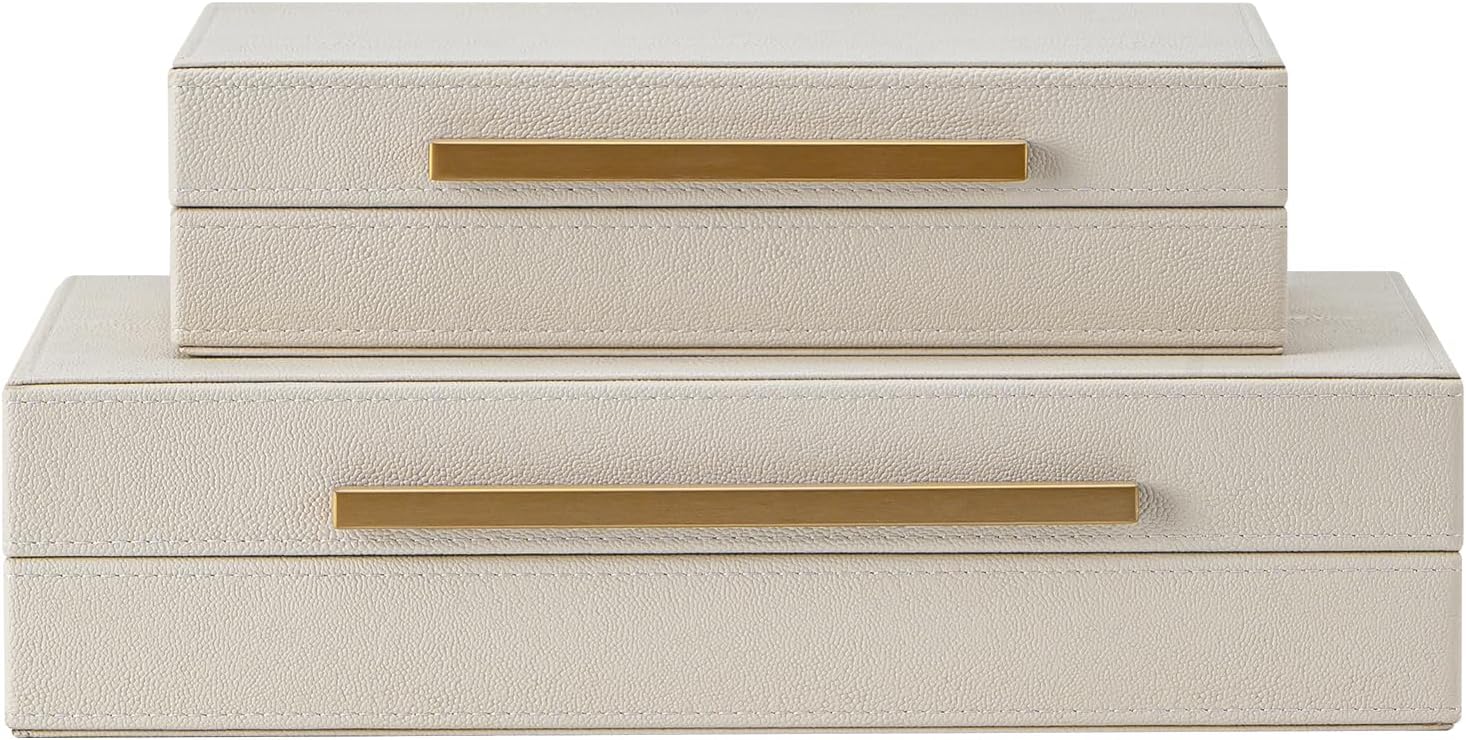Set of 2 Beige Shagreen Decorative Storage Boxes with Gold Metal Handles – Faux Leather Jewelry & Memory Boxes, Nesting Photo Organizers for Home Decor