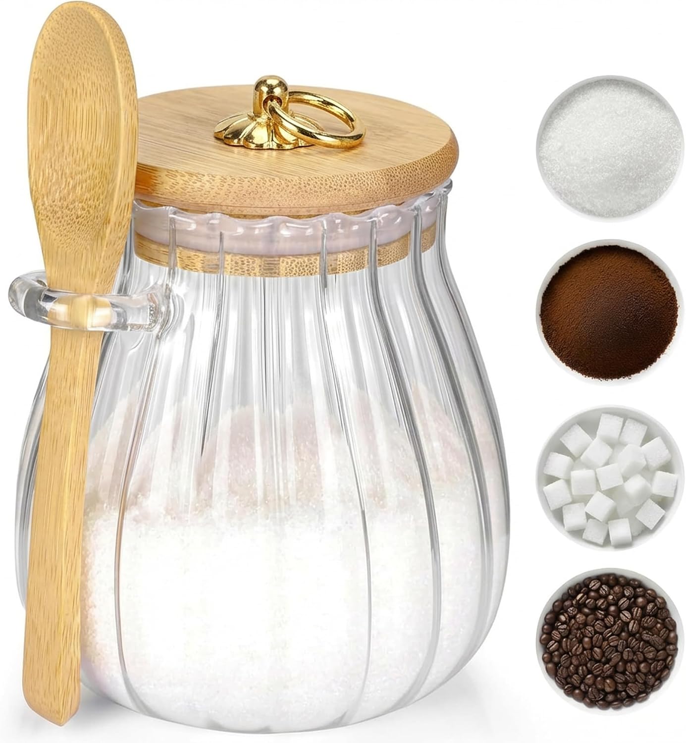 Sugar Container with Bamboo Lid and Spoon,15 oz Sugar Bowl Glass Jar | Coffee Bar Accessories Coffee Canister Kitchen Decor Housewarming Gift Christmas Refillable Design