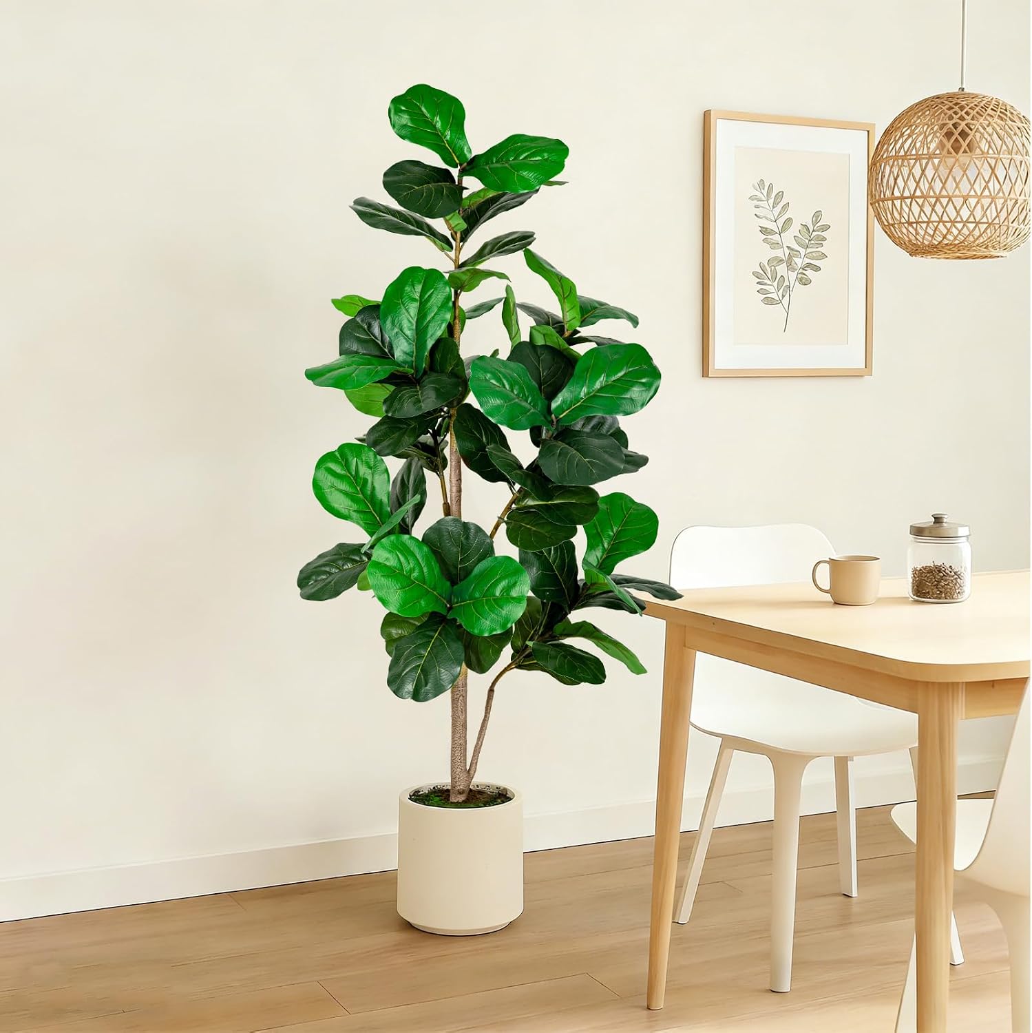 VIVATREES 5FT Fiddle Leaf Fig Artificial Tree with White Planter Pot,Faux Floor Plant, Indoor and Outdoor Fake Plants for Home Office Decor