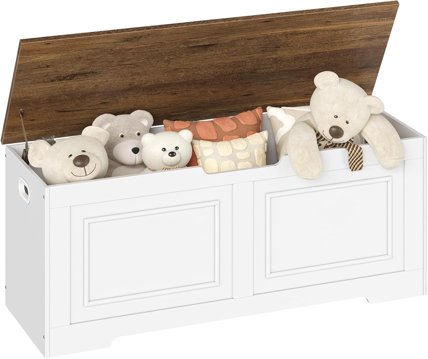 Storage Bench, 47.2″ Large Capacity Toy Chest, Farmhouse Storage Trunk with Soft Close Hinge, Wooden Storage Box for Entryway, Living Room, Bedroom, White and Walnut MCW25WL