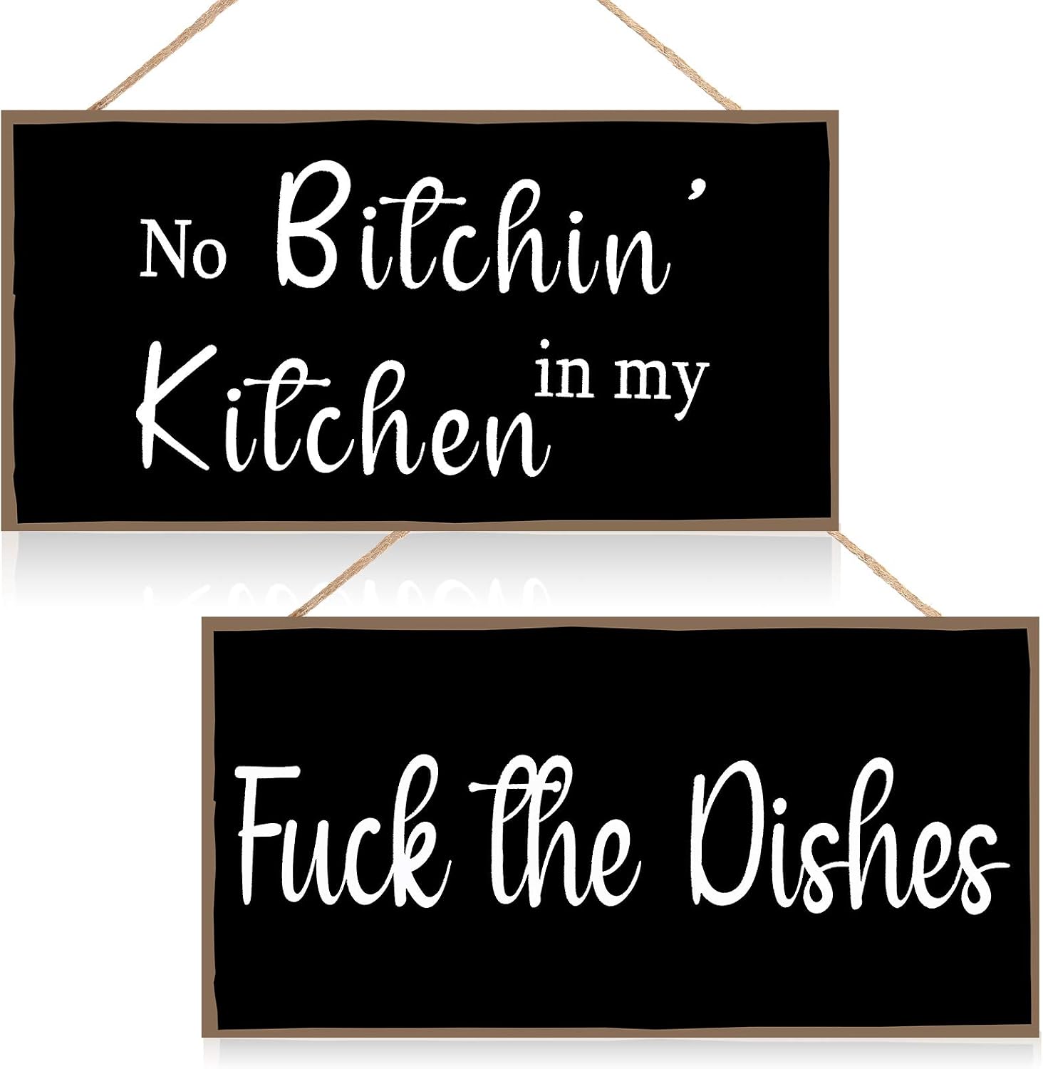 Jetec 2 Pieces Funny Kitchen Signs the Dishes Hanging Wall Art Decoration No Bitchin in My Kitchen Rustic Wooden Wall Signs Decorative Wood Home Decor, 10 x 5 Inch(Stylish)