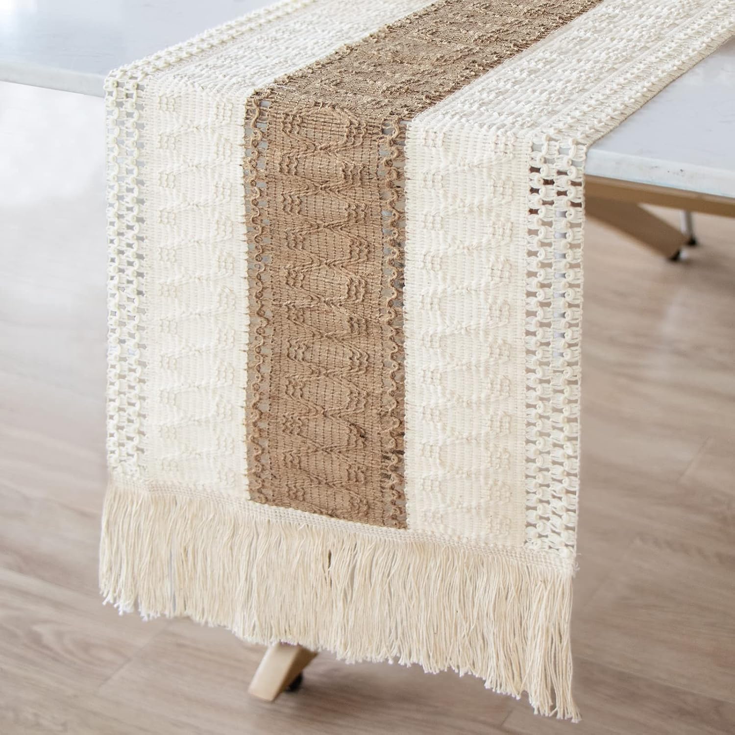 Boho Table Runner 72 inches with Tassels for Farmhouse Dining Table Decor | Rustic Modern Farmhouse Decor, Burlap Fabric, Machine Washable Care, Bohemian Centerpiece for Kitchen, Bridal Shower Wedding