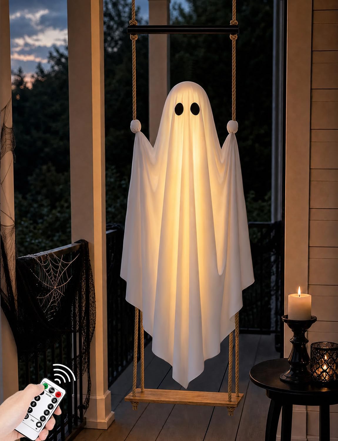 Halloween Decorations Outdoor 4.6FT Pre-Assembled Hanging Swing Ghost with Remote Lights Spooky Hanging Ghosts for Porch Yard Tree Party