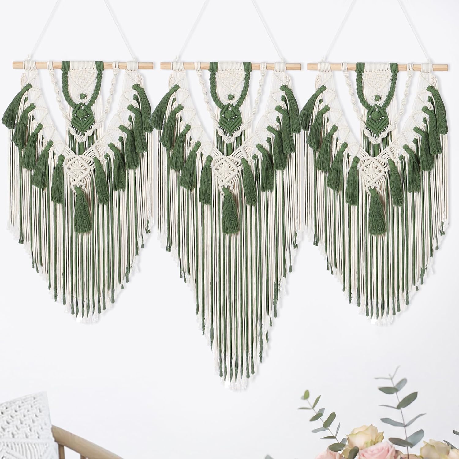 Fiwochic Large Boho Macrame Wall Hanging Wall Decor Bohemian Woven Handmade Tapestry with Tassel Artwork for Decorating Bedroom Living Room Apartment Nursery, 43 x 35 Inches(Green)