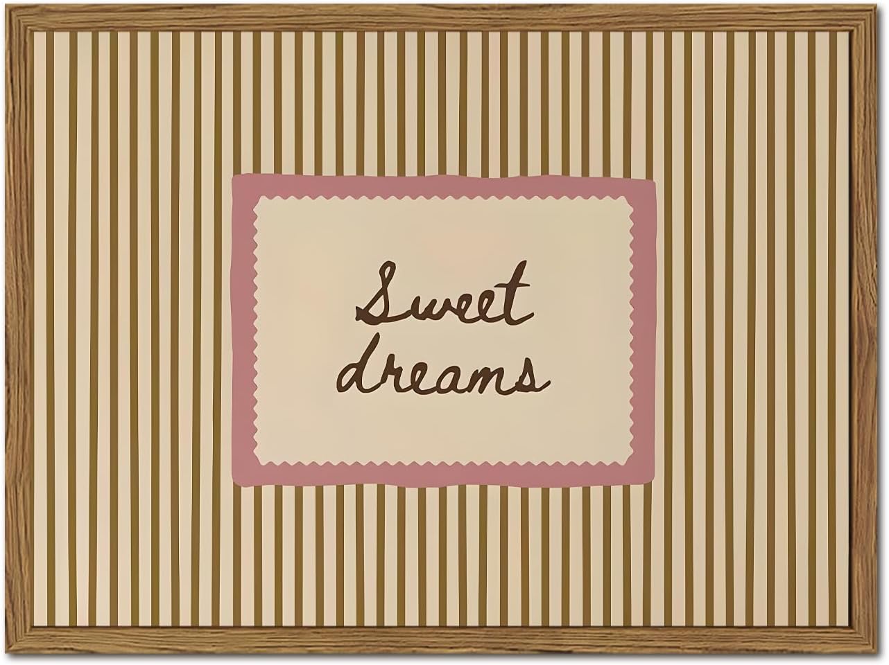 Sweet Dreams Wall Art Cute Coquette Girl Quote Wall Decor Vintage Striped Poster Canvas Print for Girls Living Room Dorm Apartment Above Bedroom 12×16 inch Wood Framed