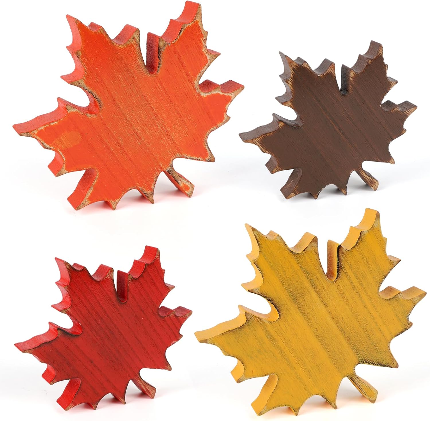 COCHIE Wooden Fall Leaves Decorations for Home Office Indoor, Farmhouse Thanksgiving Table Tiered Tray Decor Set of 4, Vintage Fall Harvest Maple Leaf Block Signs Tabletop Shelf Decoration (Vintage)