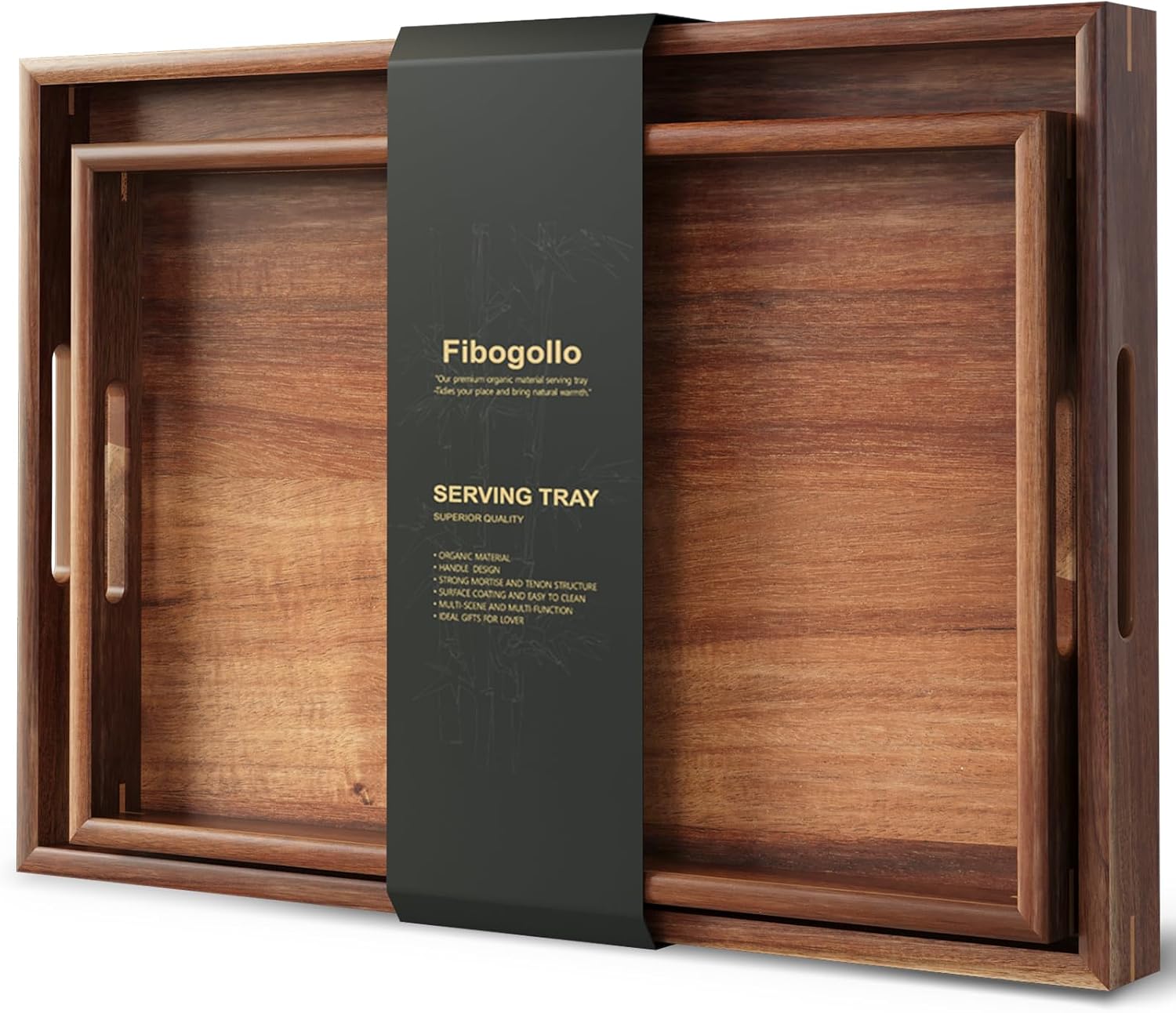 Fibogollo Set of 2 Acacia Wood Serving Tray with Handles | Decorative Trays Platter,Breakfast Tray in Bed,Food Drinks Tray for Eating,Working,Storing