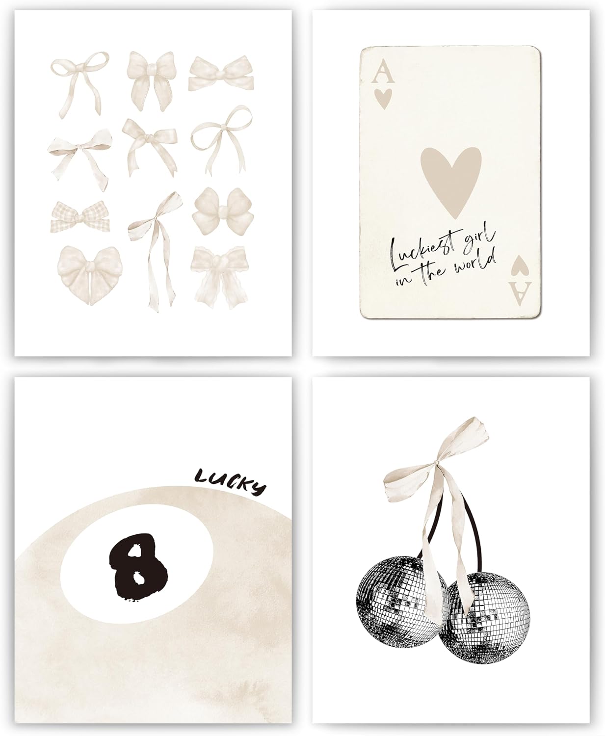 okaxscm Beige Coquette Trendy Preppy Wall Art Prints Set of 4, Coquette Room Decor, Preppy Room Decor Aesthetic, Beige Bow Disco 8 Ball Cherry Wall Decor Posters for Girls Bedroom Dorm, 8×10 Unframed