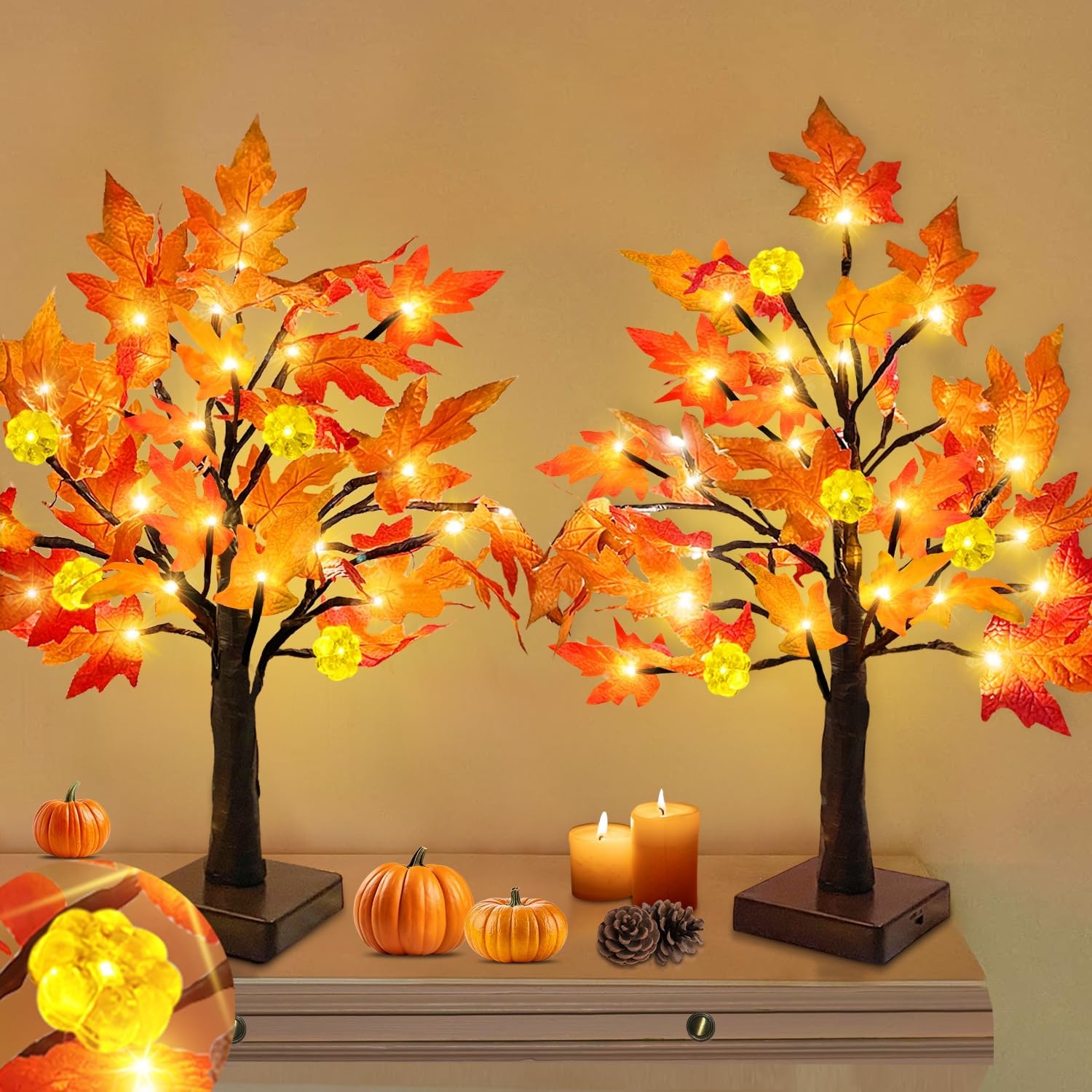 TURNMEON Fall Decor 2 Pack 18 Inch Prelit Fall Maple Tree 48 LEDs Timer | Fall Decorations for Home Battery Operated Pumpkin Lights Lighted Thanksgiving Halloween Decor Table Mantle Indoor Outdoor